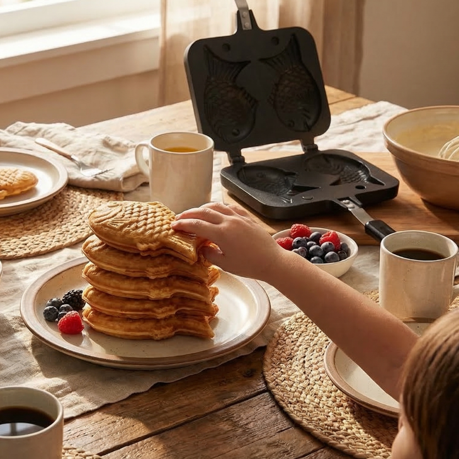 Double-Sided Stuffed Waffle Maker Pan - Nonstick Flip Press for Fish Shaped Filled Pancakes, Desserts & Brunch