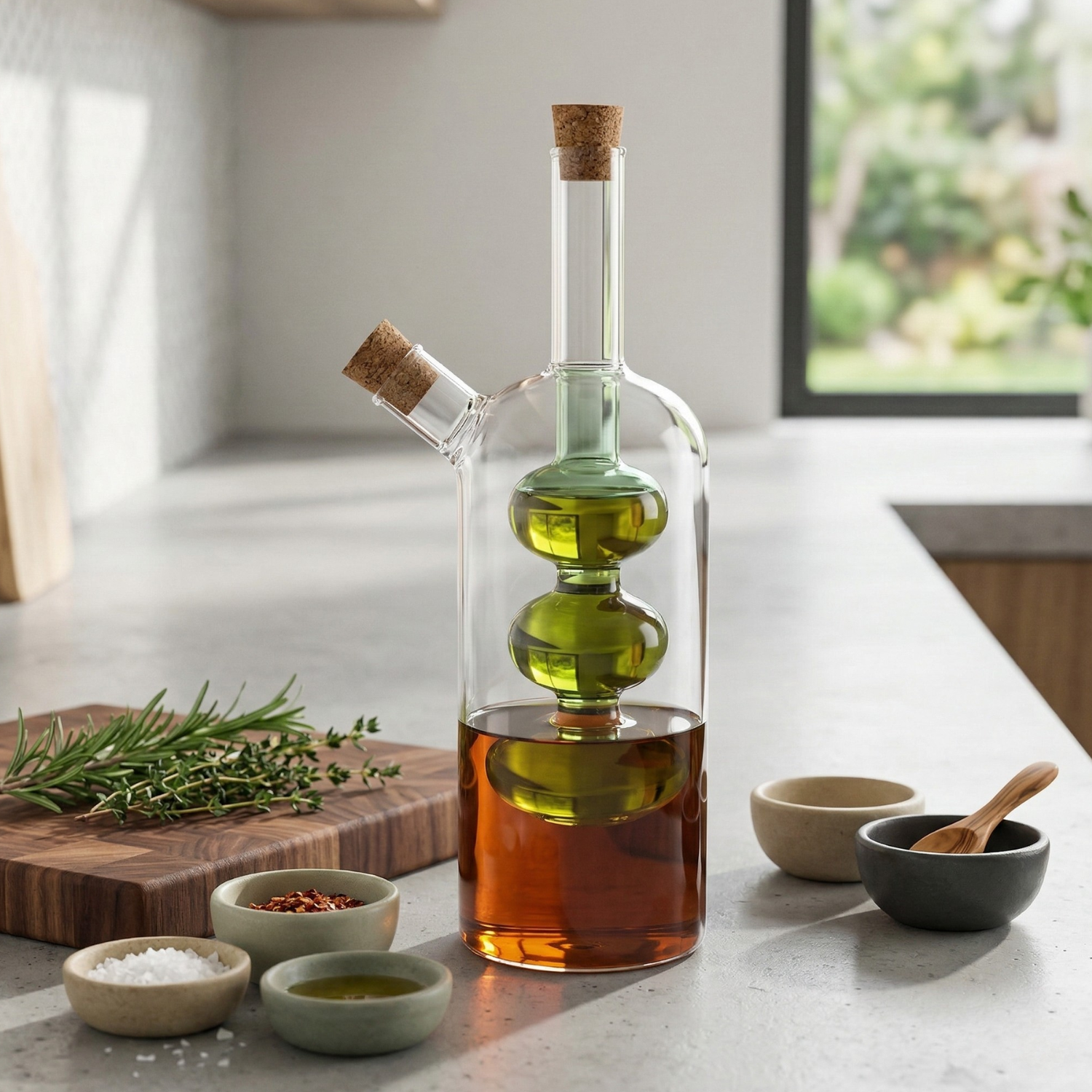Dual Chamber Oil & Vinegar Dispenser Bottle – Modern Glass Kitchen Cruet for Olive Oil, Vinegar & Soy Sauce