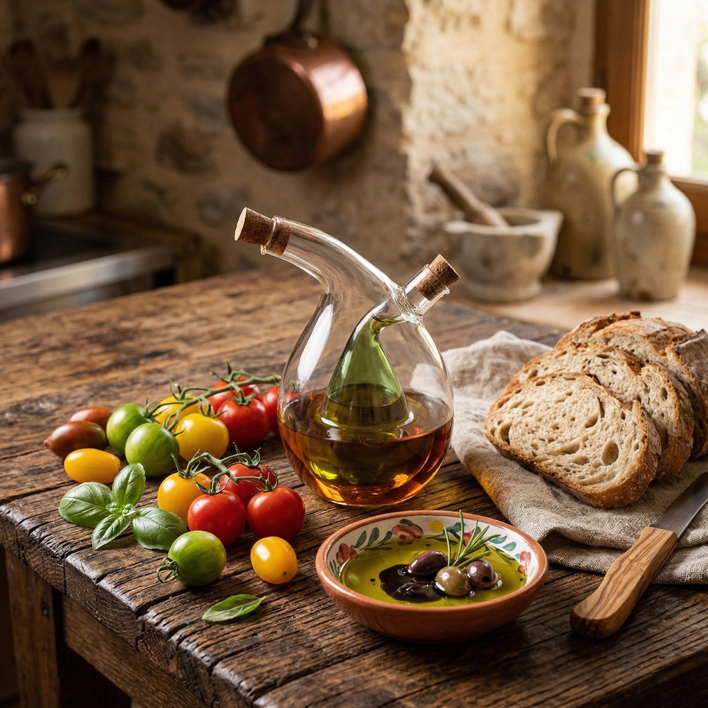 Glass dual condiment dispenser with cork stoppers and arched spout