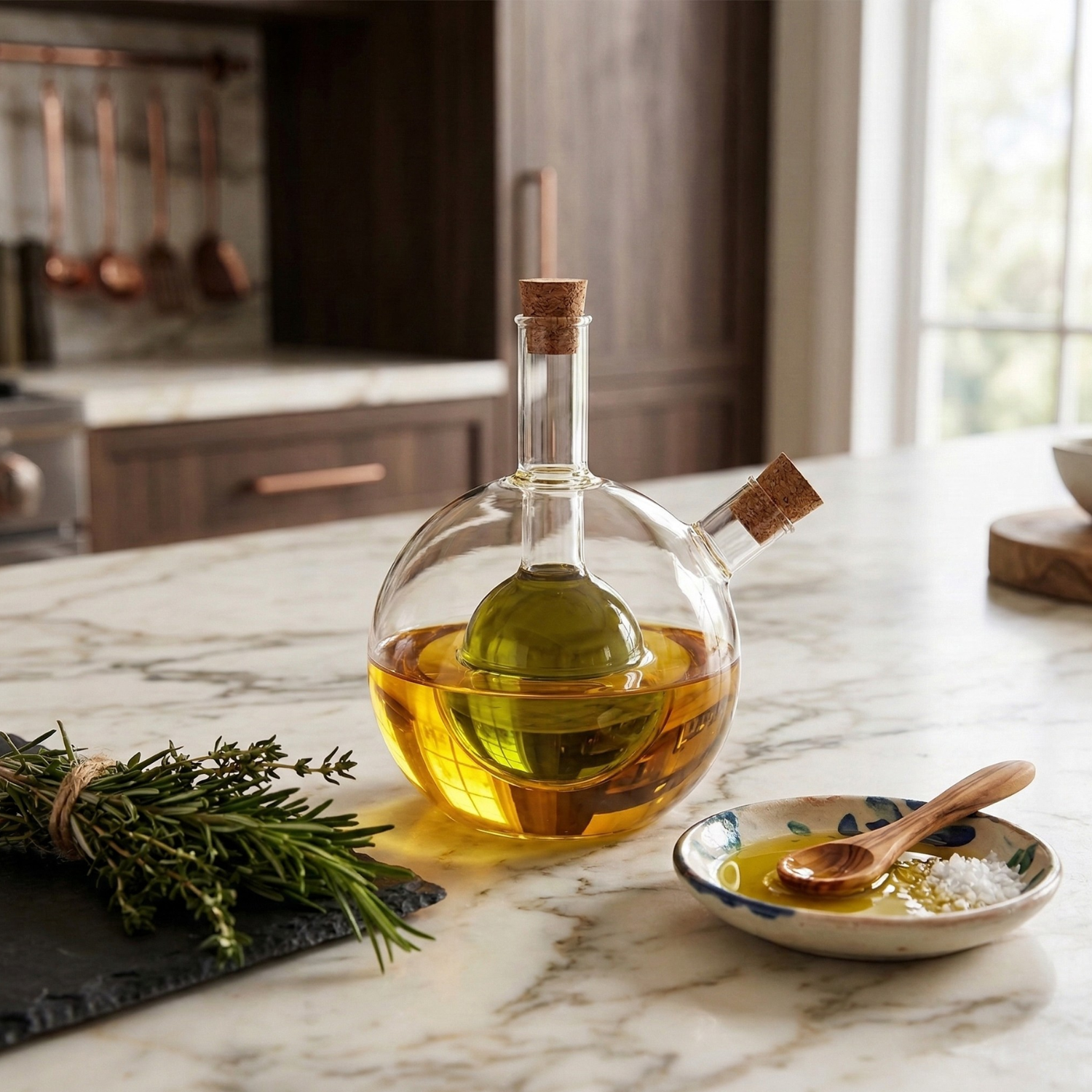 Dual Chamber Oil & Vinegar Dispenser Bottle – Modern Glass Kitchen Cruet for Olive Oil, Vinegar & Soy Sauce