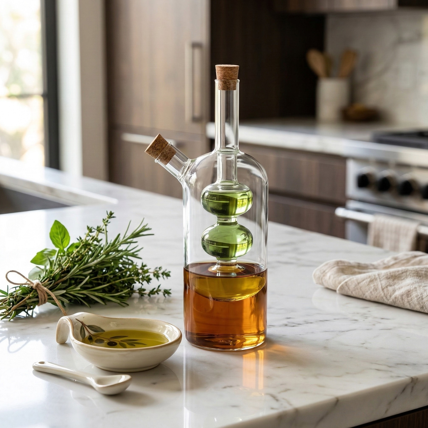 Dual Chamber Oil & Vinegar Dispenser Bottle – Modern Glass Kitchen Cruet for Olive Oil, Vinegar & Soy Sauce