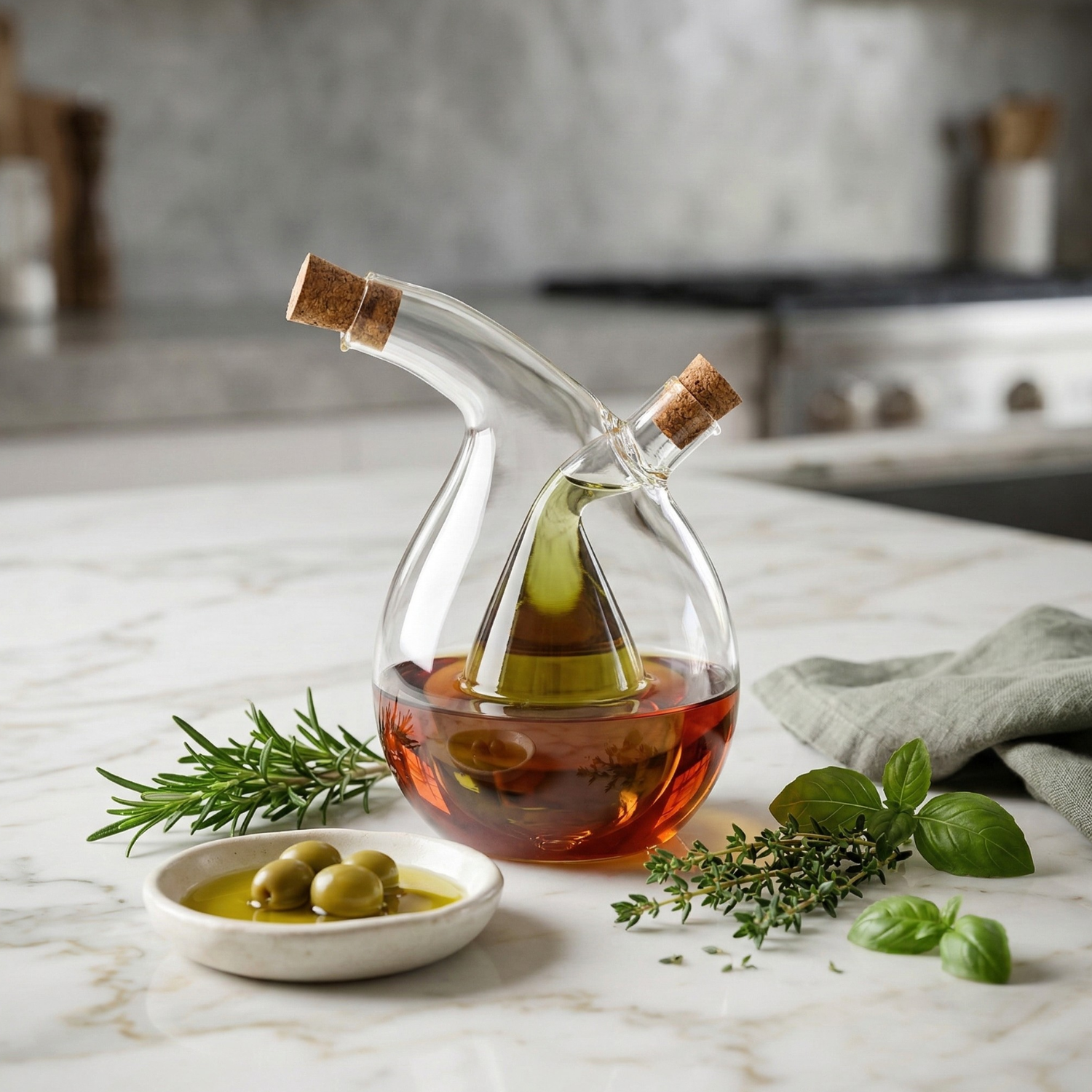 Dual Chamber Oil & Vinegar Dispenser Bottle – Modern Glass Kitchen Cruet for Olive Oil, Vinegar & Soy Sauce