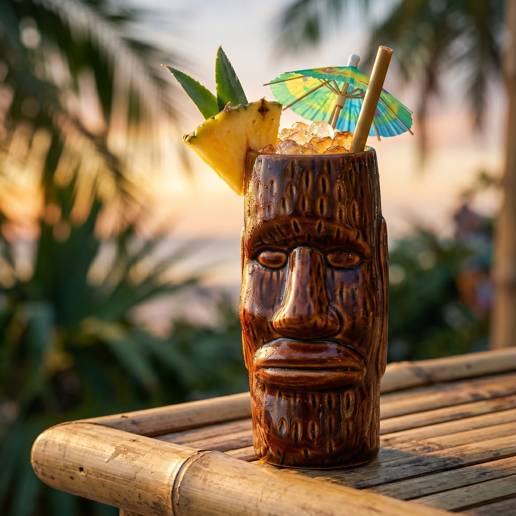 Amber moai tiki mug with straw, pineapple slice, and mint garnish