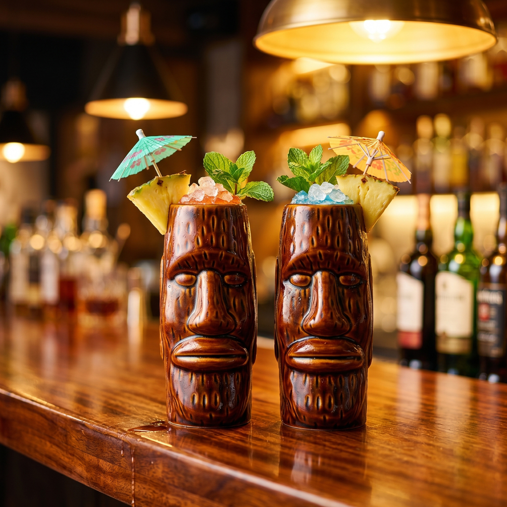 Two amber moai tiki mugs with cocktail umbrellas, mint leaves, and ice