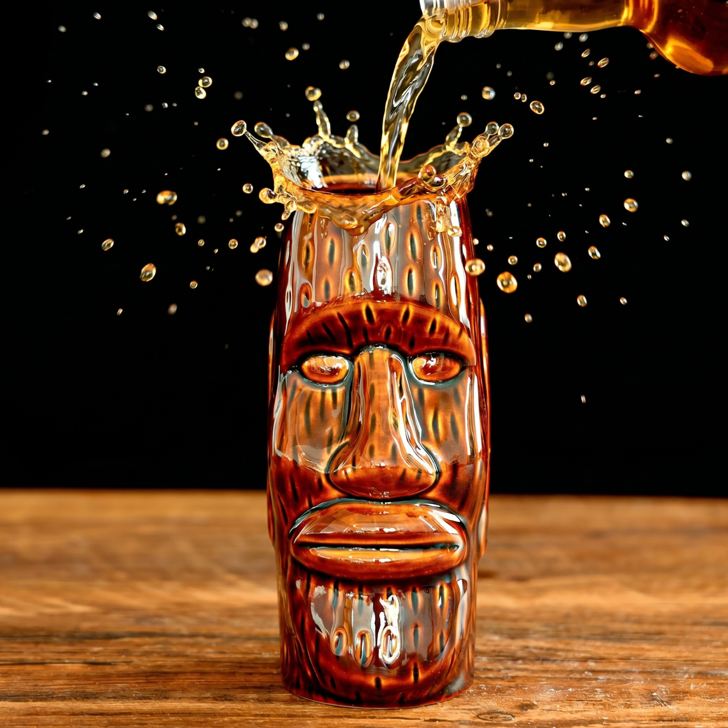 Amber ceramic tiki mug with moai face design, 420ml capacity