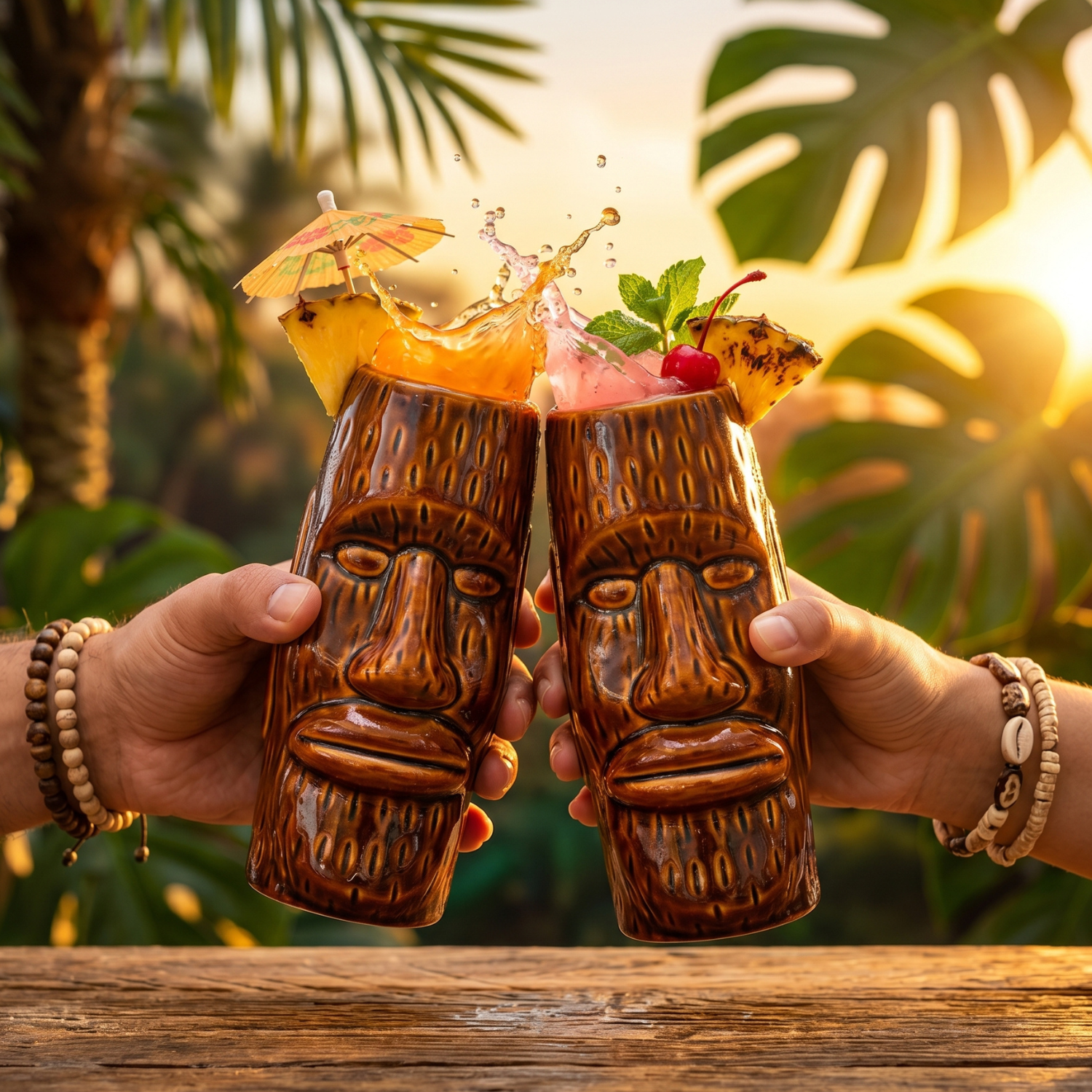Pair of amber tiki mugs with moai faces and tropical cocktail garnishes
