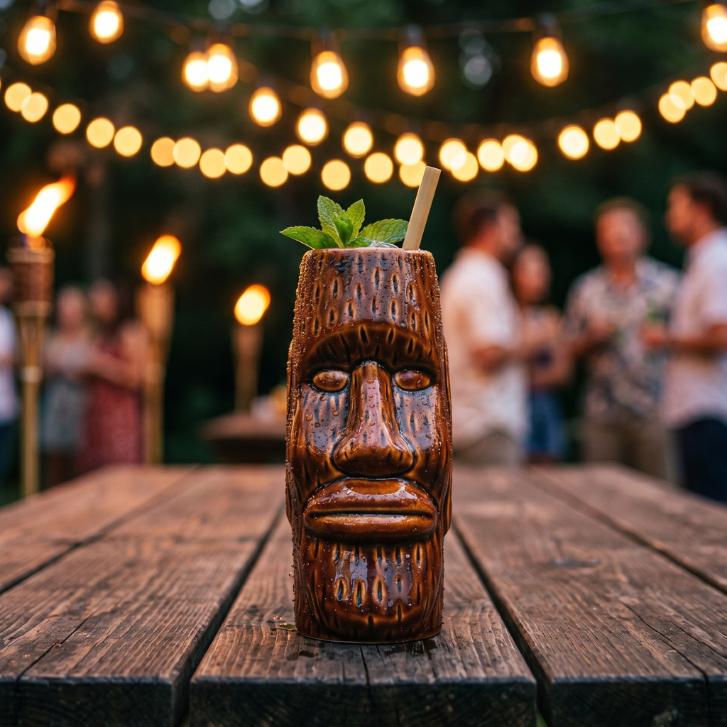 Amber moai tiki mug with mint leaf garnish, outdoor party table setting