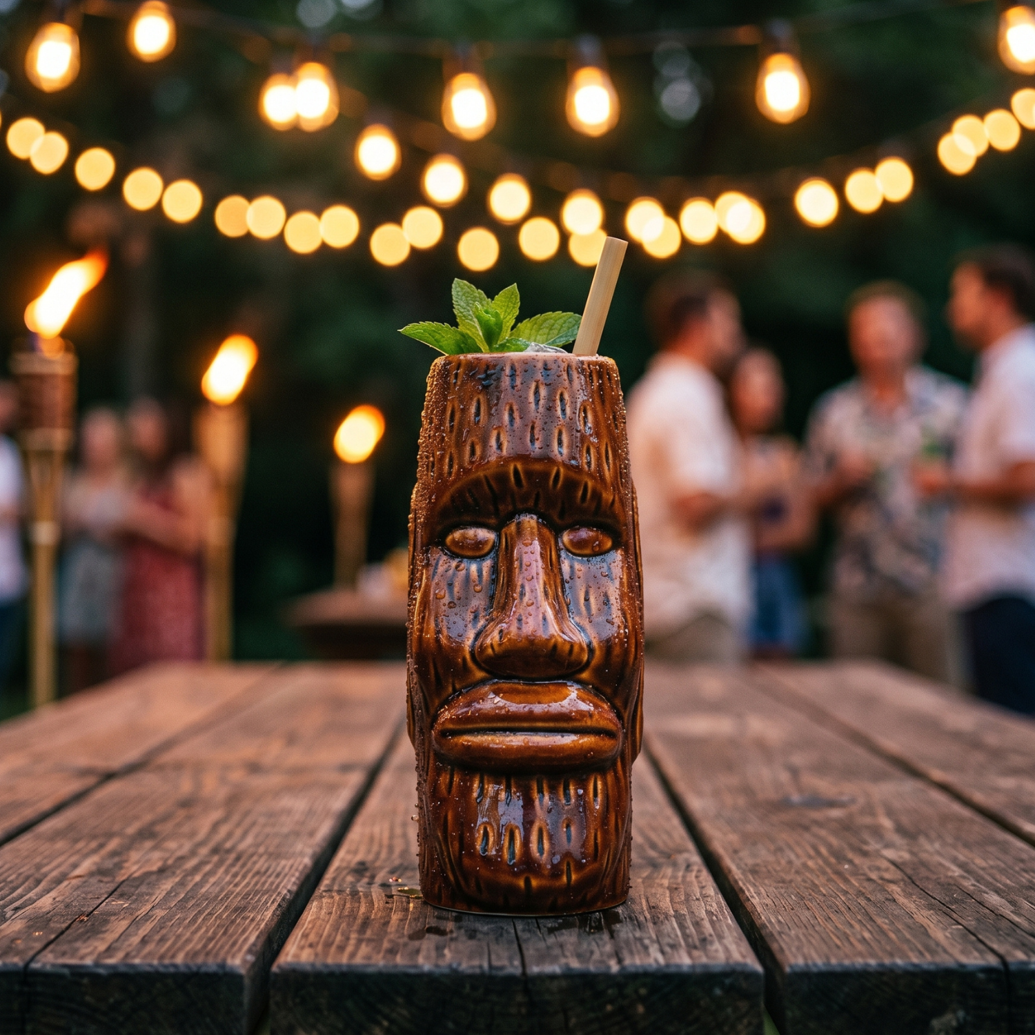 Amber moai tiki mug with mint leaf garnish, outdoor party table setting
