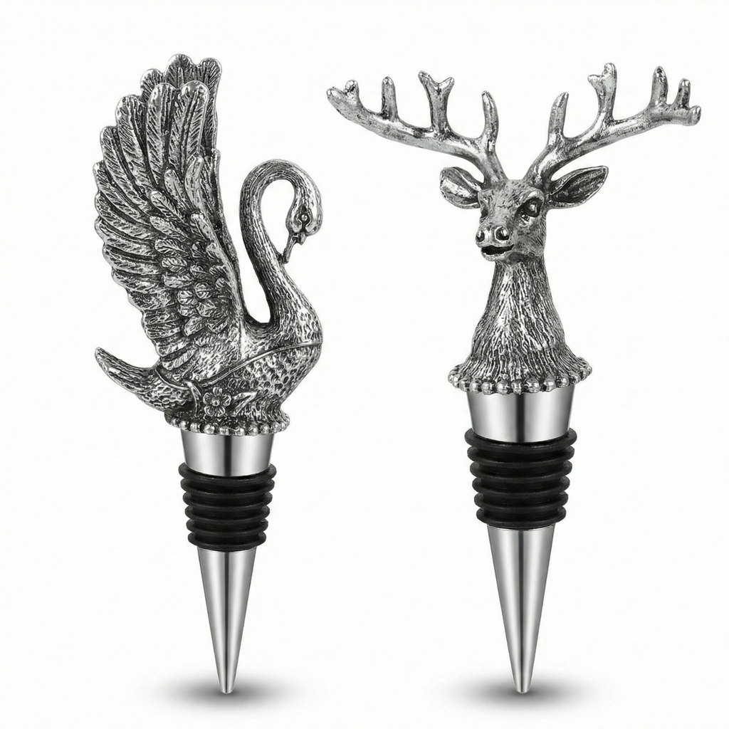 Silver deer wine stopper with antlers and ridged black base