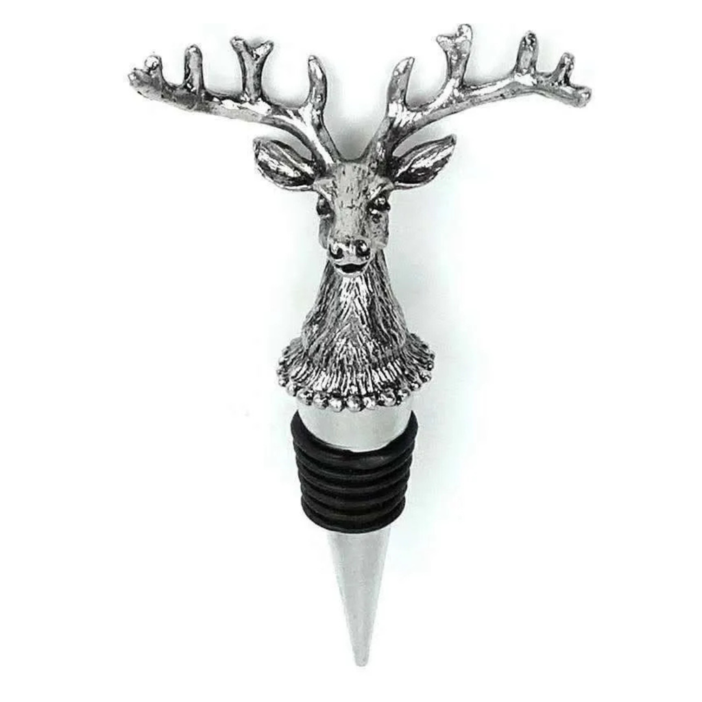 Silver deer wine stopper close-up with antlers, ridged ring and pointed stem
