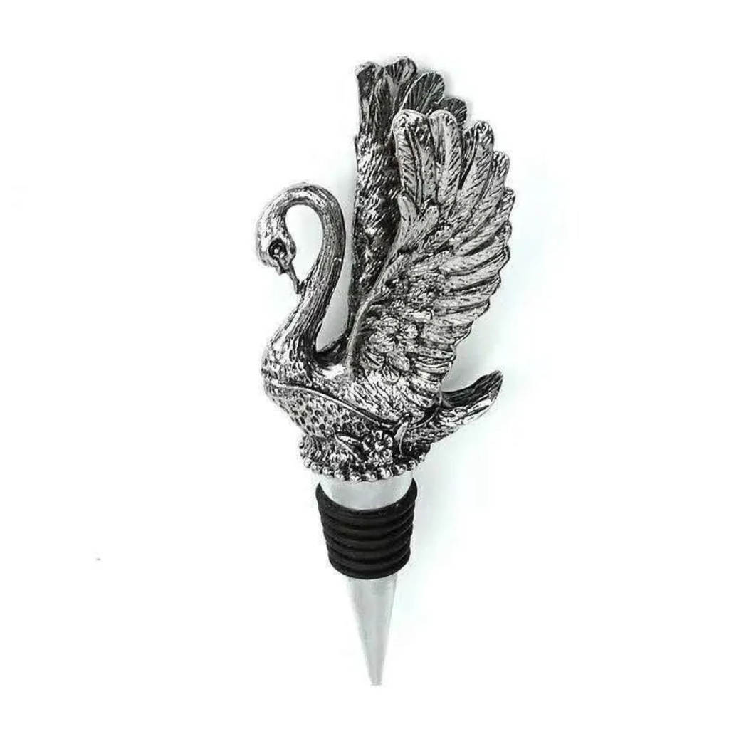 Silver swan wine stopper close-up with wings spread, ridged base and pointed stem