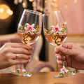 Set of 2 enamel flower wine glasses with pink blossoms and gold scroll details