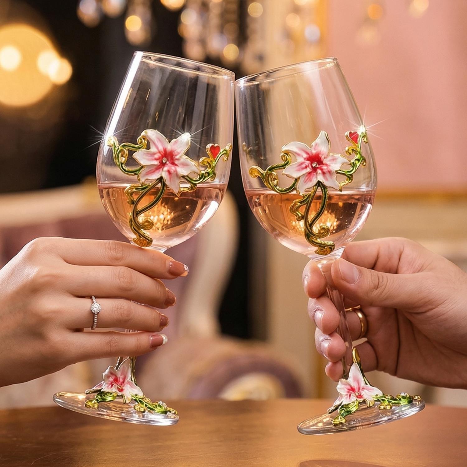 Enamel Flower Wine Glasses Set of 2 | Crystal Luxury Floral Stemware | Purple Pink Yellow Blue | Elegant Gift for Women