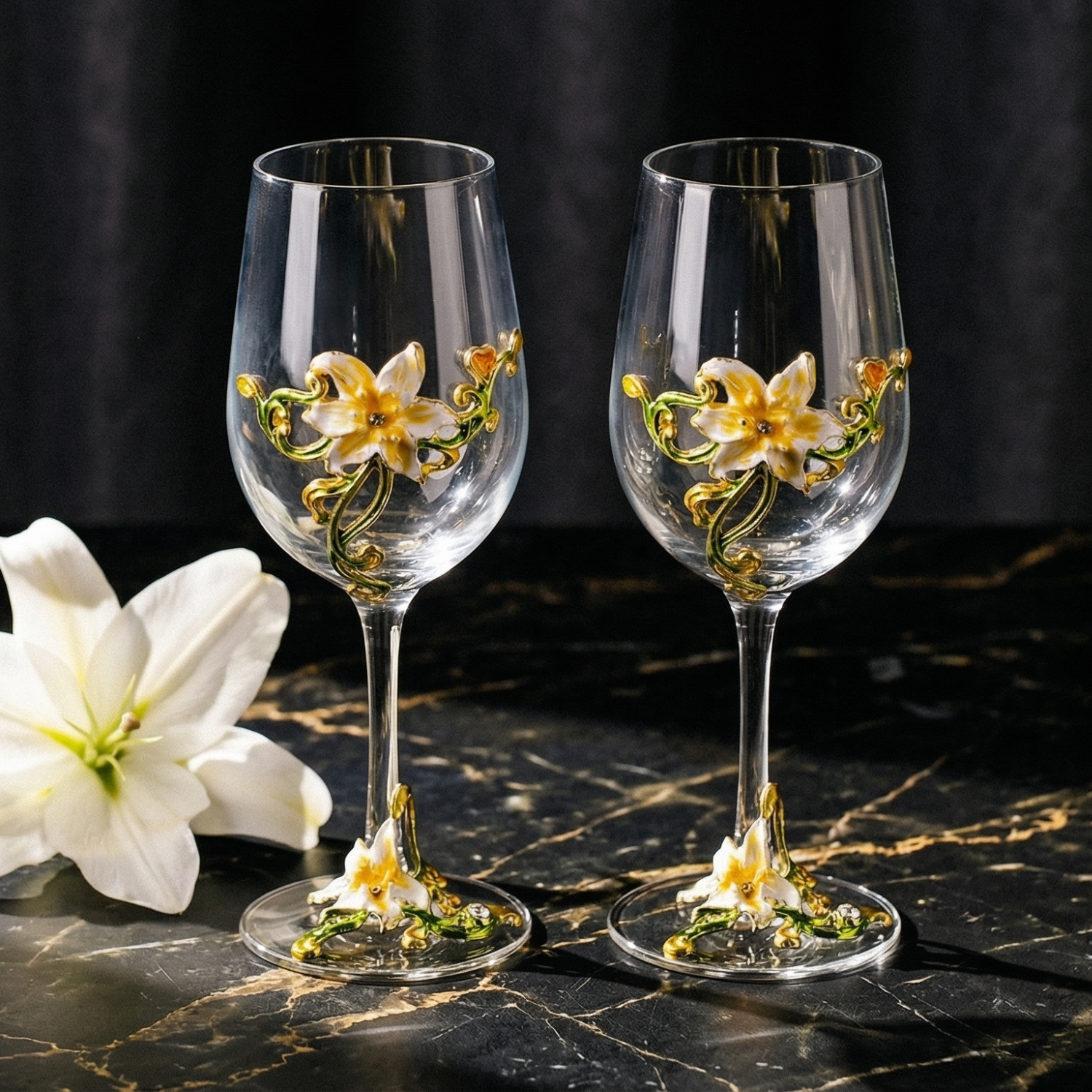 Enamel Flower Wine Glasses Set of 2 | Crystal Luxury Floral Stemware | Purple Pink Yellow Blue | Elegant Gift for Women