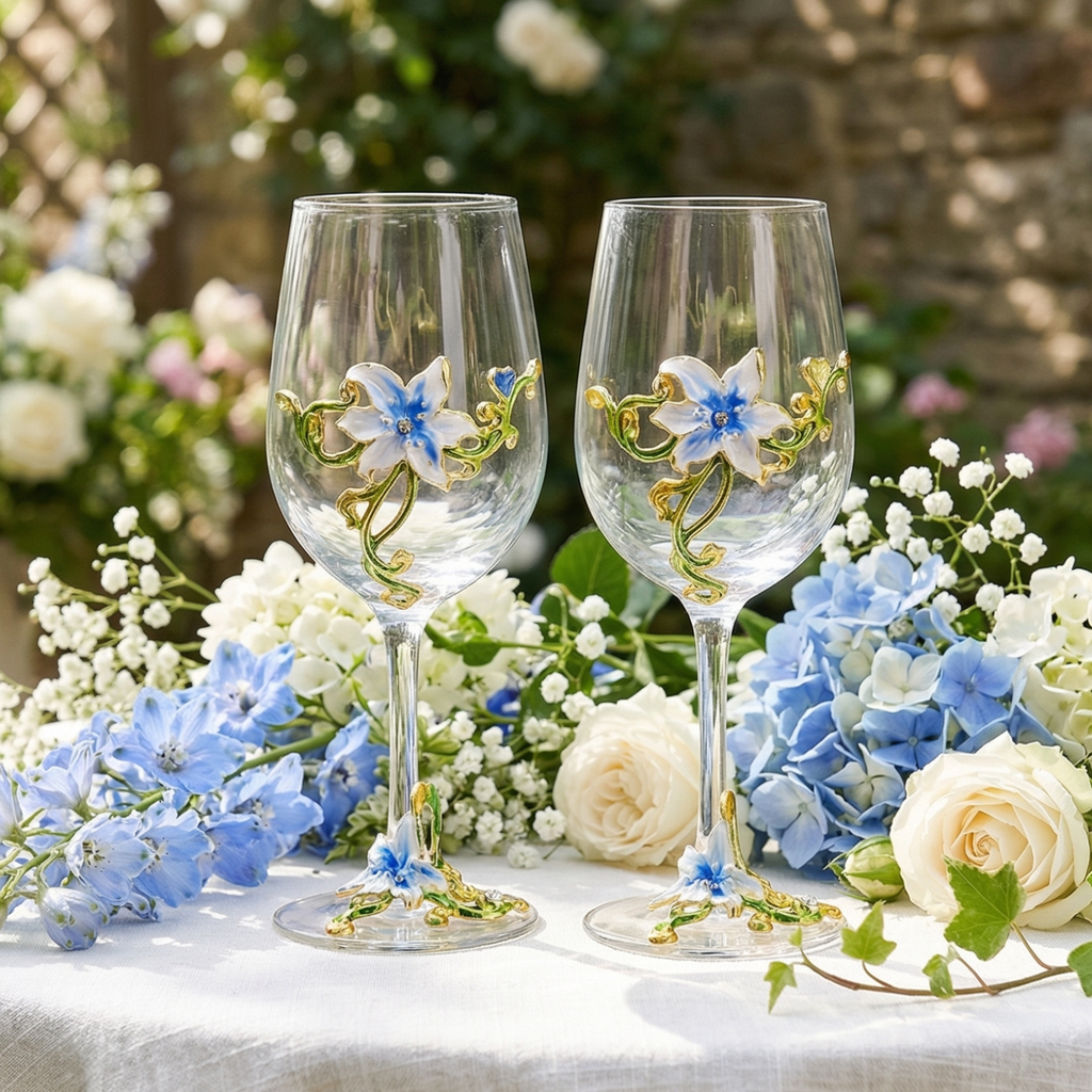 Set of 2 enamel flower wine glasses with blue blossoms and gold vine accents