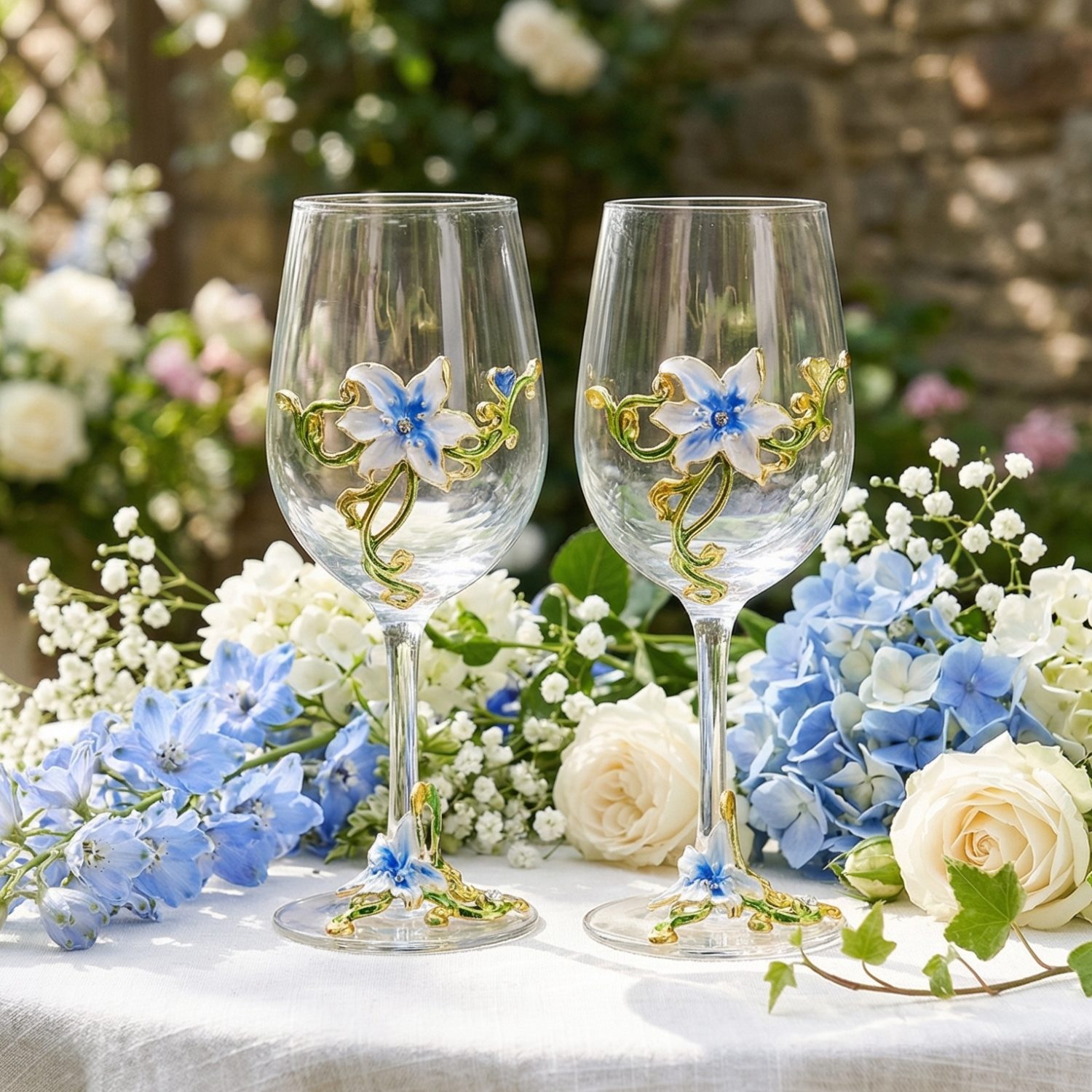 Enamel Flower Wine Glasses Set of 2 | Crystal Luxury Floral Stemware | Purple Pink Yellow Blue | Elegant Gift for Women