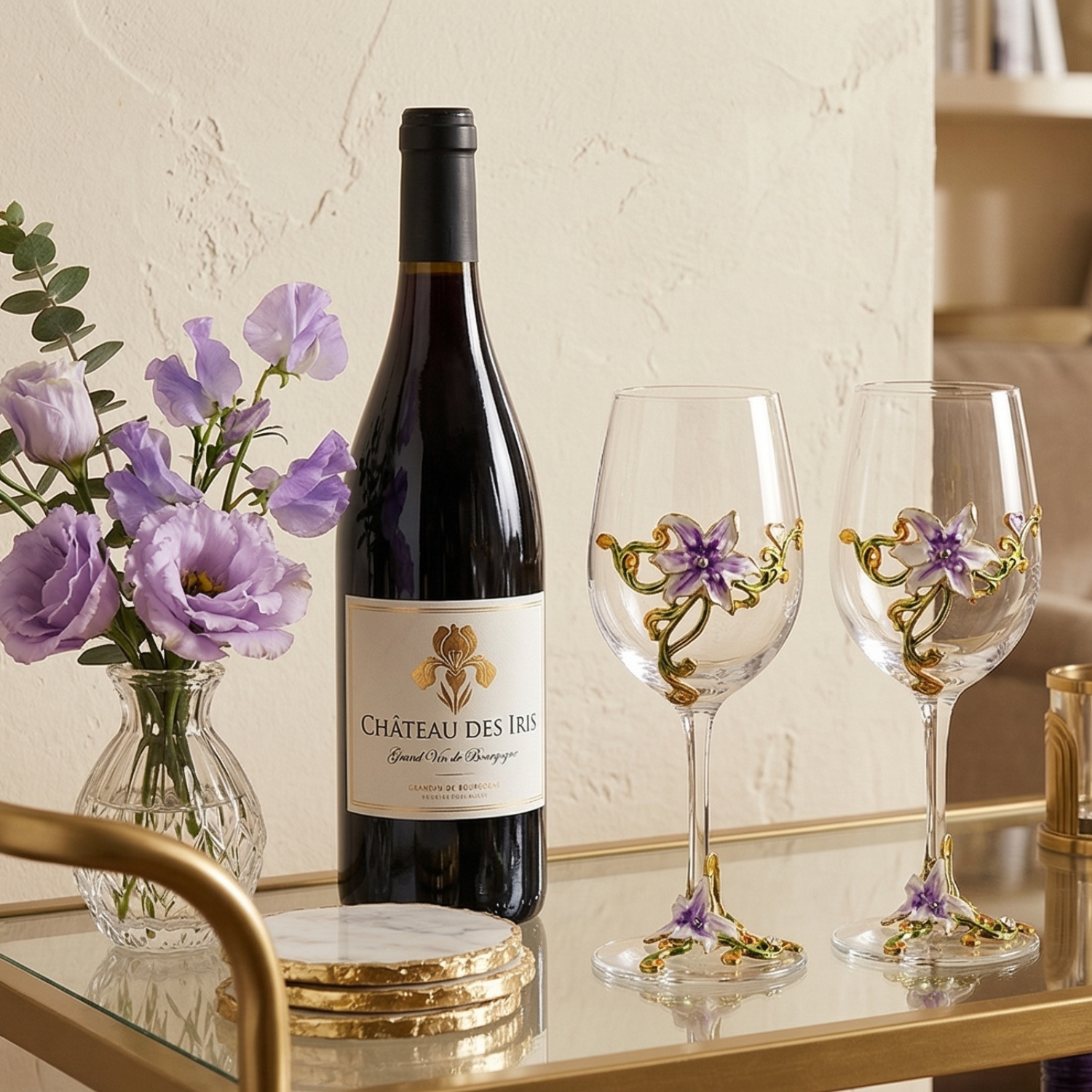 Enamel Flower Wine Glasses Set of 2 | Crystal Luxury Floral Stemware | Purple Pink Yellow Blue | Elegant Gift for Women