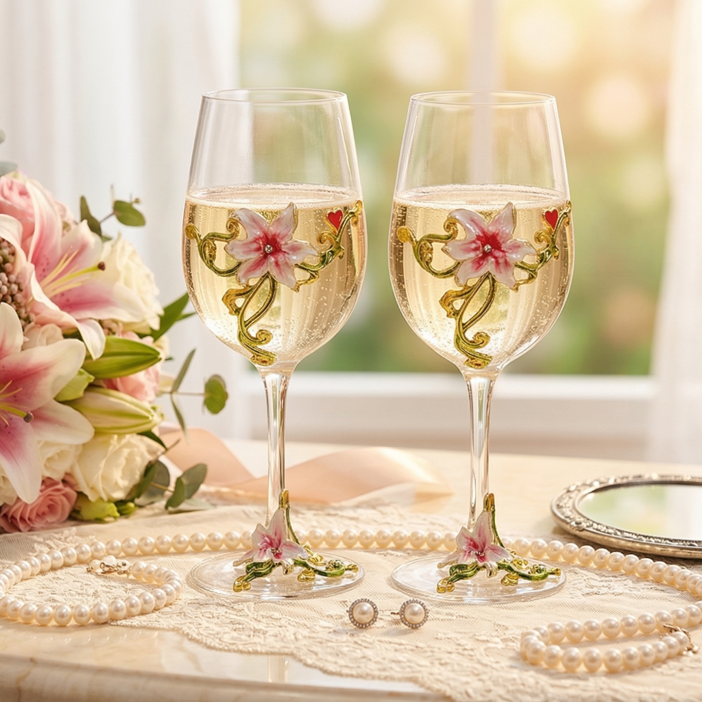 Set of 2 enamel flower wine glasses with pink blossoms and gold scrollwork