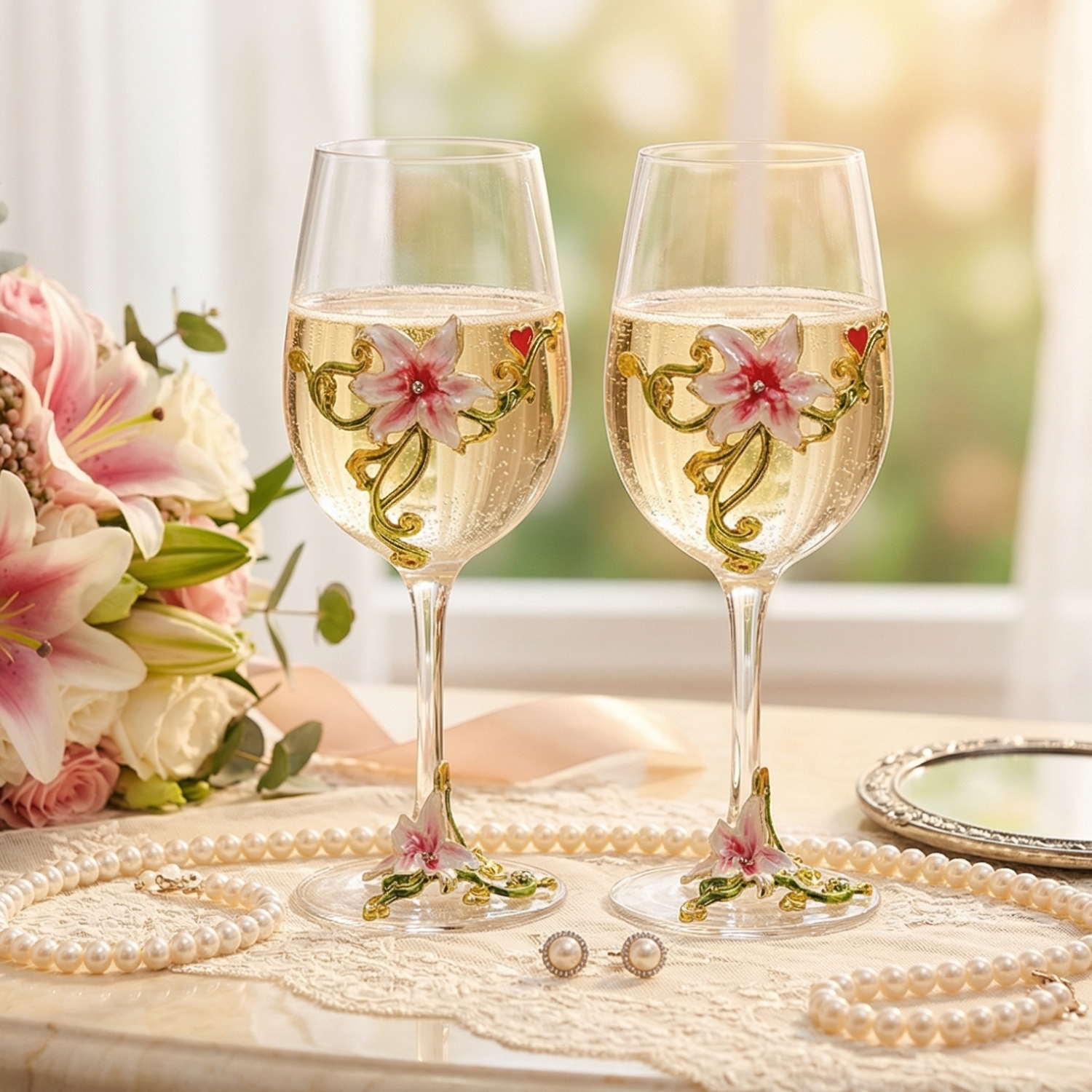 Enamel Flower Wine Glasses Set of 2 | Crystal Luxury Floral Stemware | Purple Pink Yellow Blue | Elegant Gift for Women