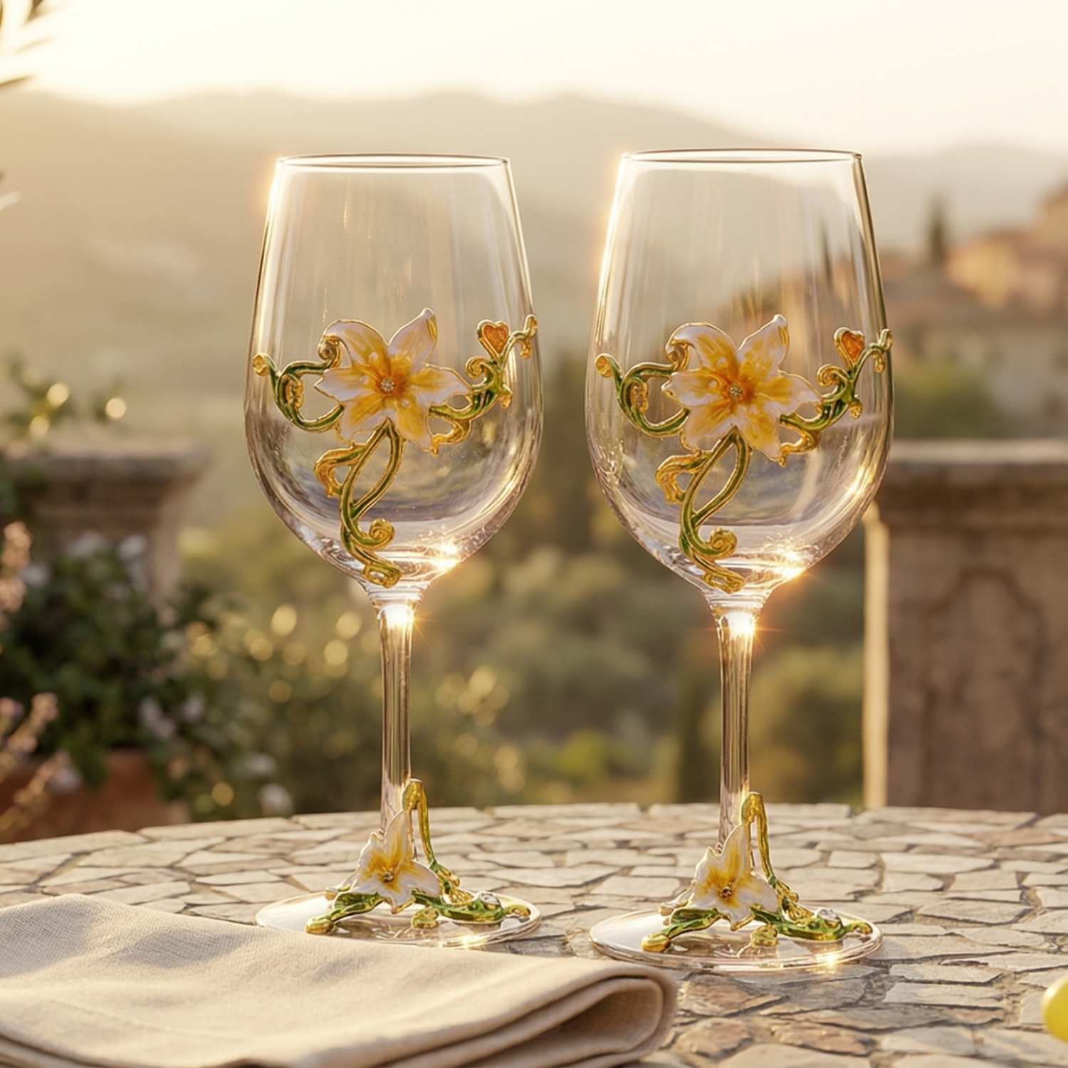 Enamel Flower Wine Glasses Set of 2 | Crystal Luxury Floral Stemware | Purple Pink Yellow Blue | Elegant Gift for Women