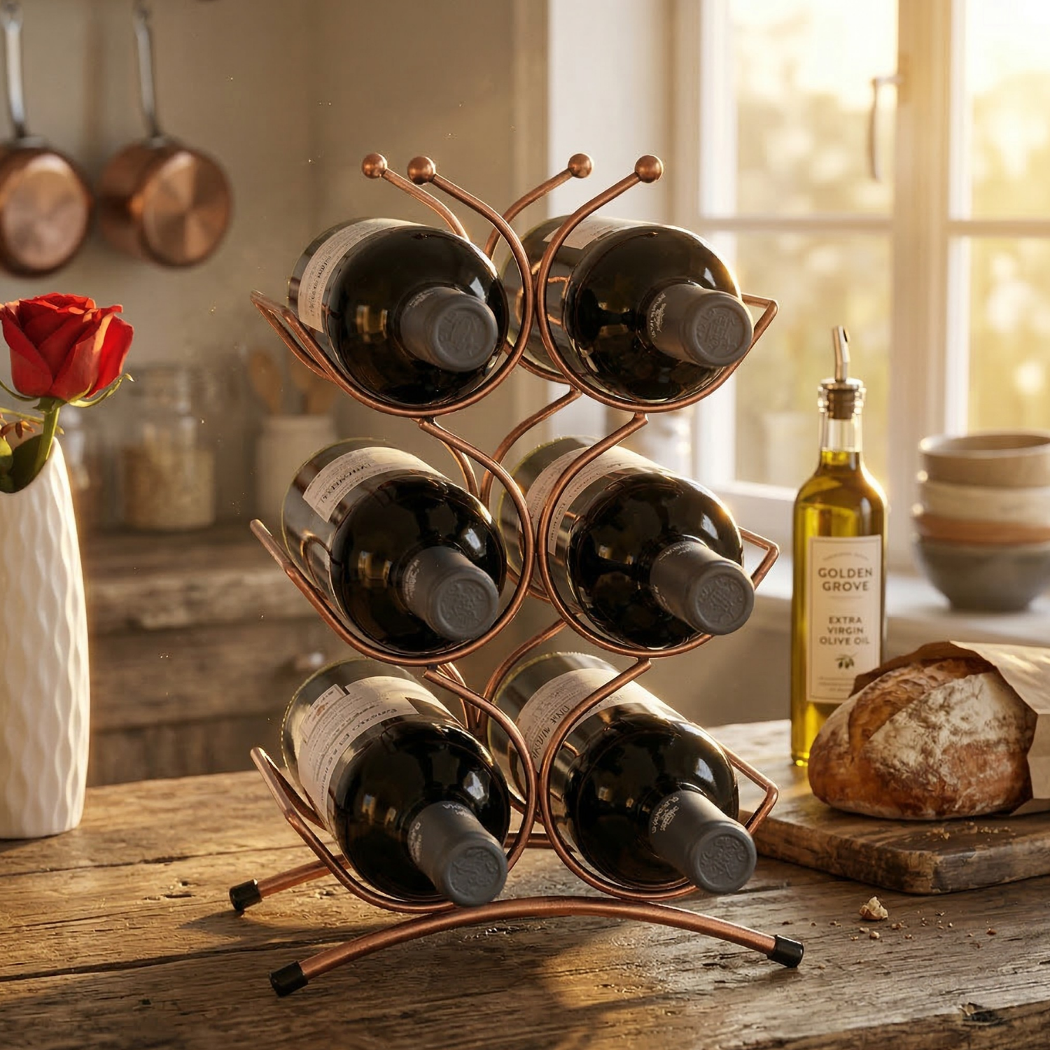 European Decorative Iron Wire Wine Rack | 2, 4 & 6 Bottle Holder | Artistic Home Bar Organizer | Elegant Countertop Wine Stand | Space-Saving Storage Display