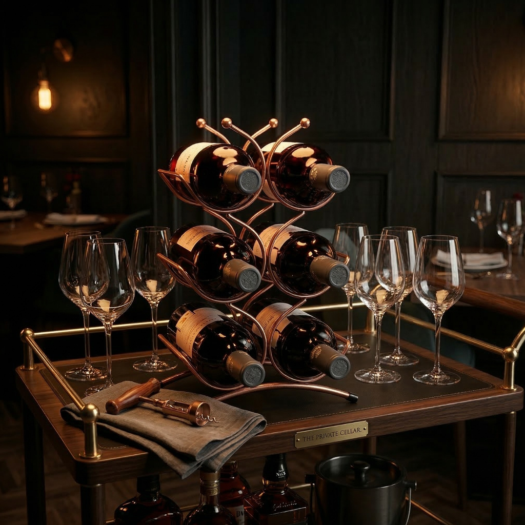 Copper wire 6-bottle wine rack on a bar tray, bottle slots and curved crown