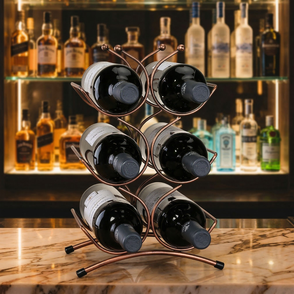 Copper wire 6-bottle wine rack with six bottle holders and X-style base supports