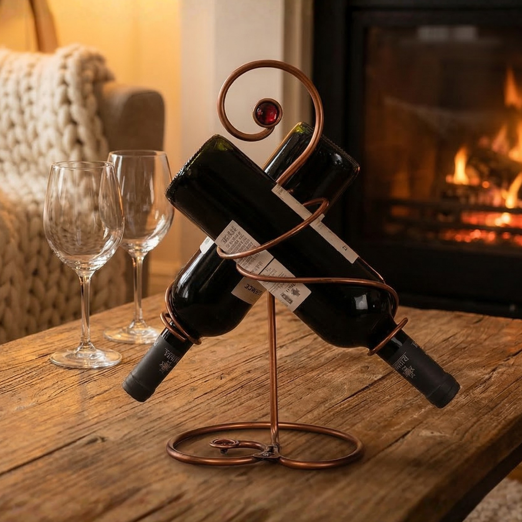 Copper wire 2-bottle wine rack with circular base and arched top support