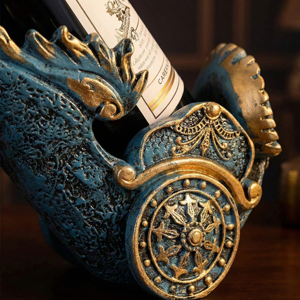 Close-up of blue resin horse wheel and gold filigree with bottle label behind