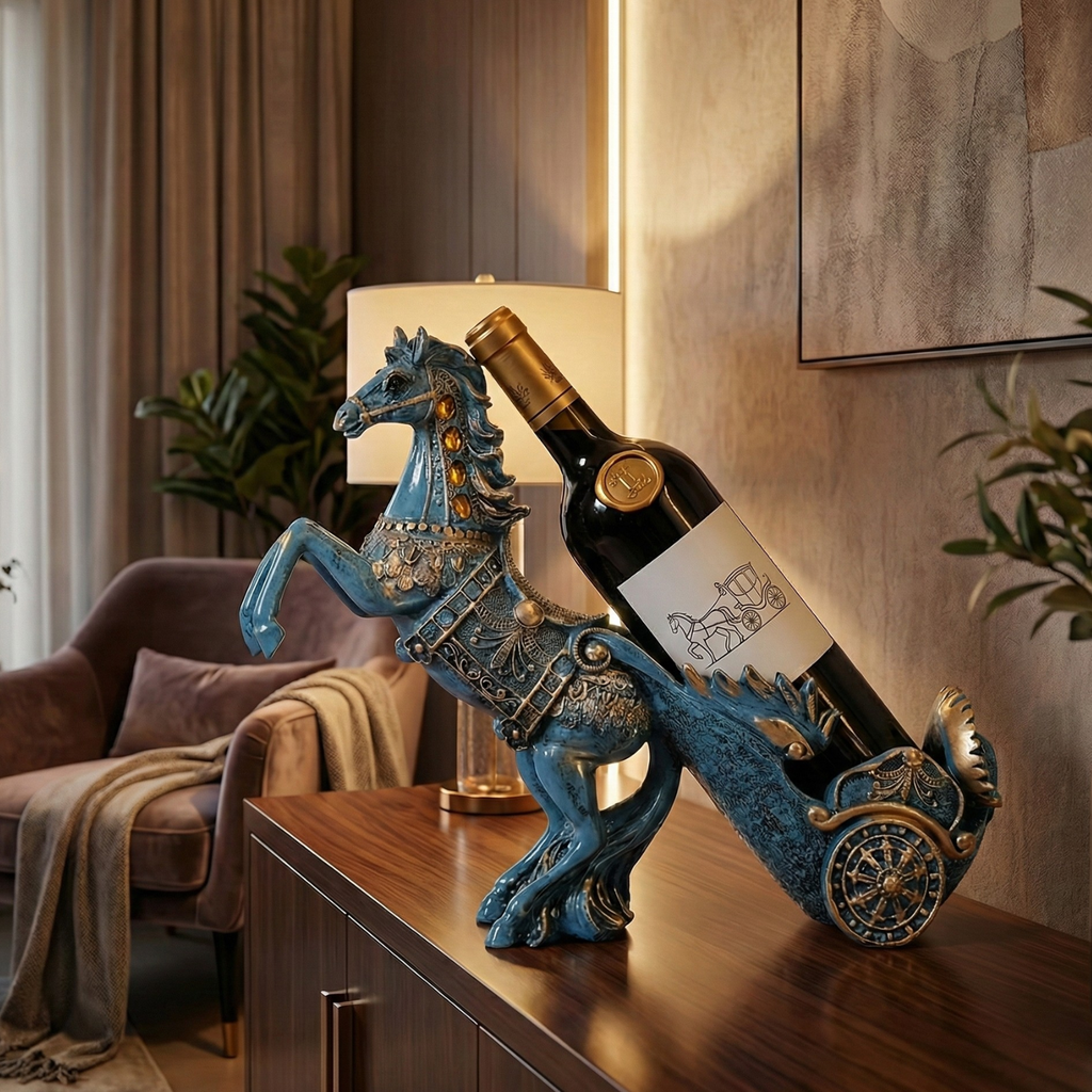 Blue resin horse bottle holder with dark wine bottle on sideboard, ornate gold accents