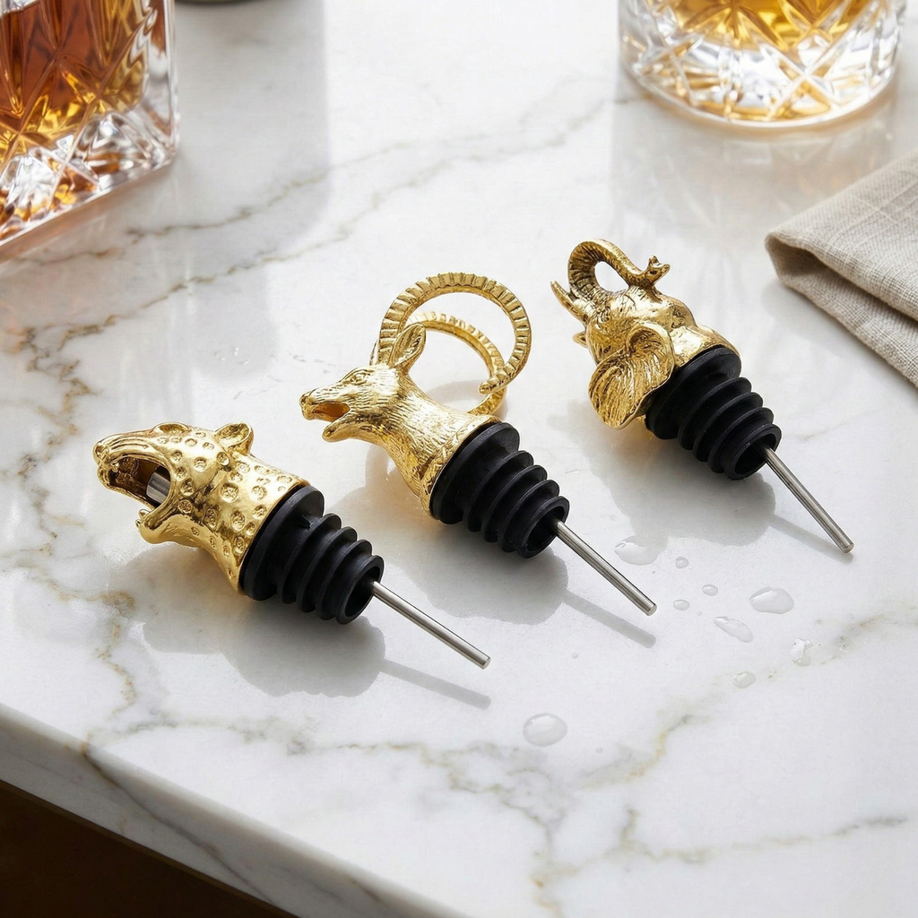 Gold animal pourer stoppers set: leopard, antelope and elephant for wine bottles