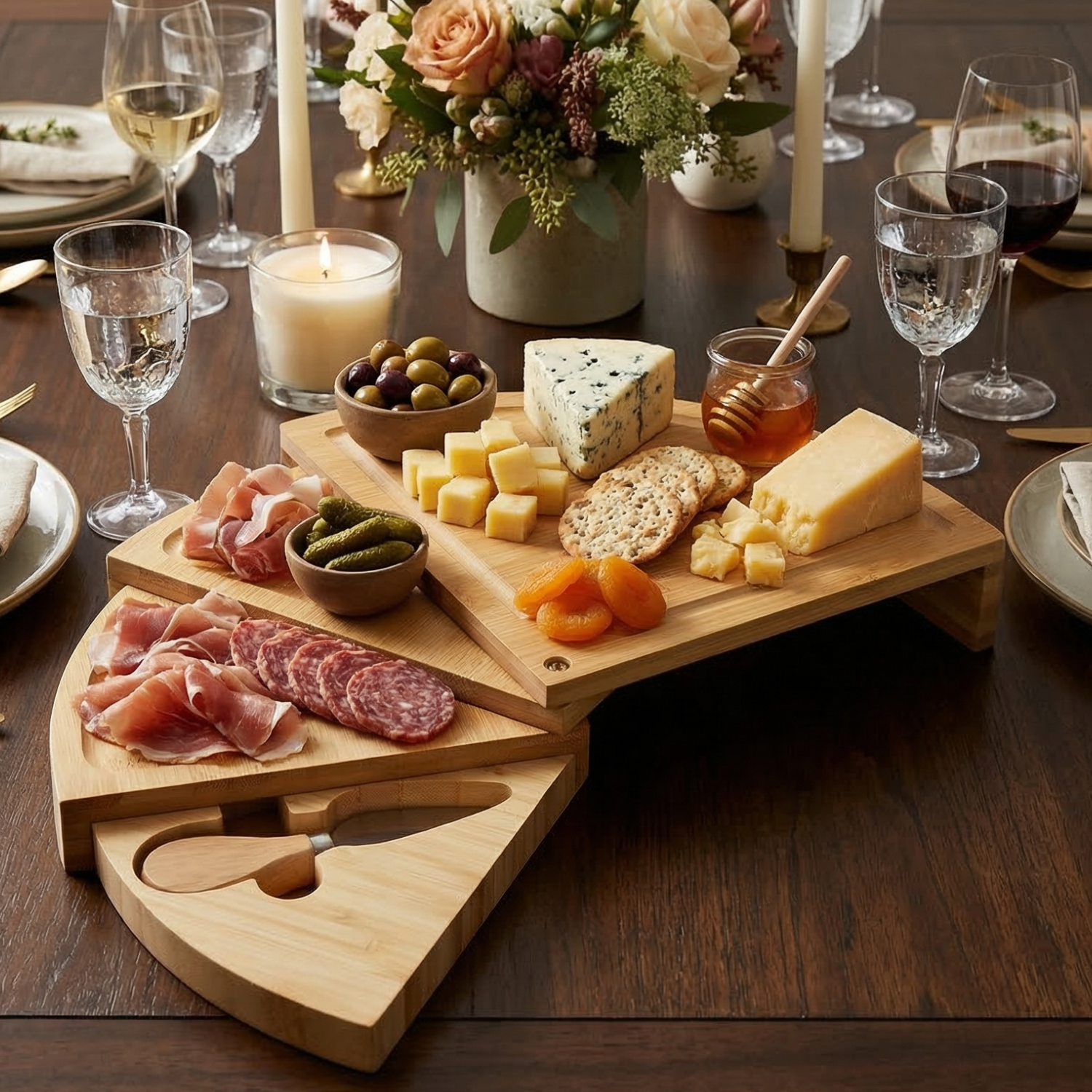 Expandable Bamboo Cheese Board Set | Foldout Triangular Charcuterie Platter with Knife | Eco-Friendly Serving Board for Parties