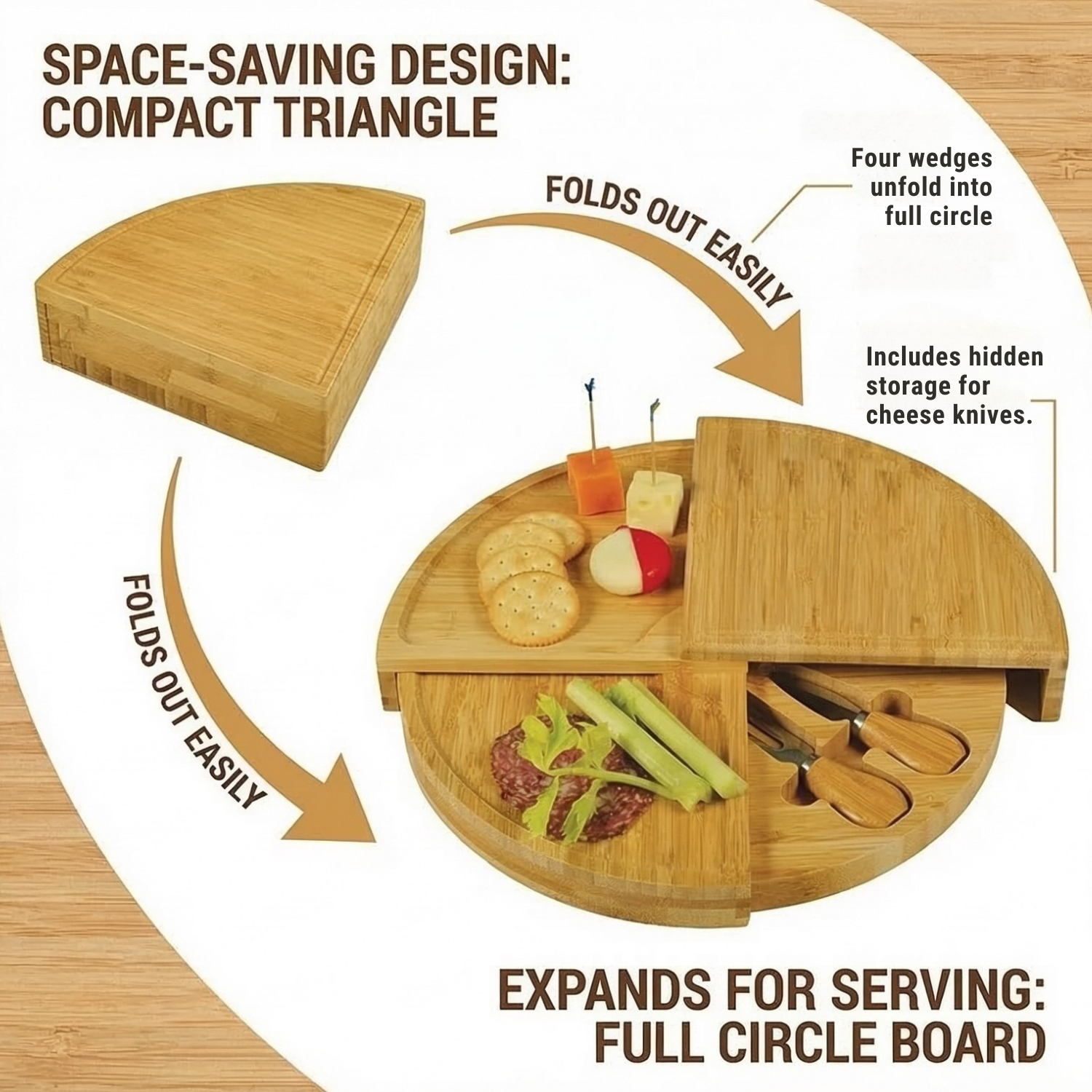 Expandable Bamboo Cheese Board Set | Foldout Triangular Charcuterie Platter with Knife | Eco-Friendly Serving Board for Parties