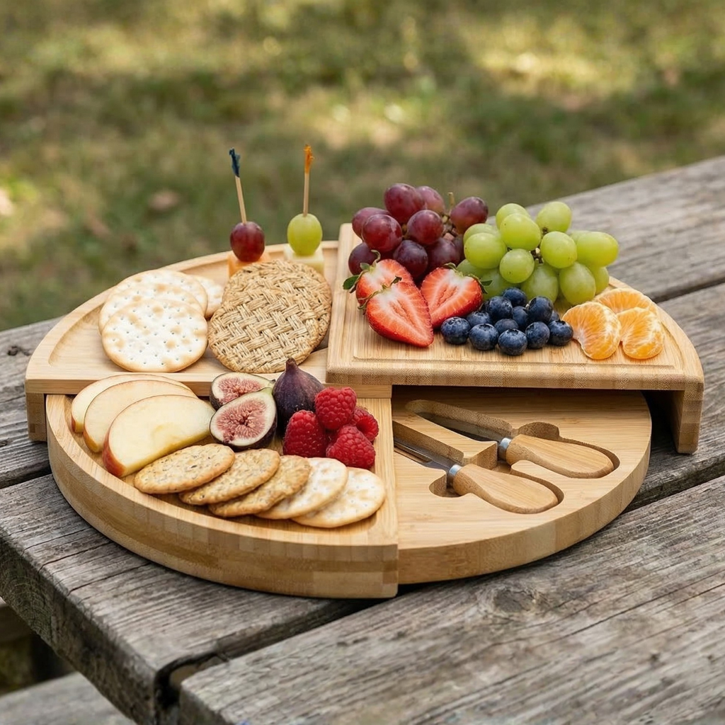 Foldout bamboo cheese board with crackers, fruit, and cheese on the divided tray