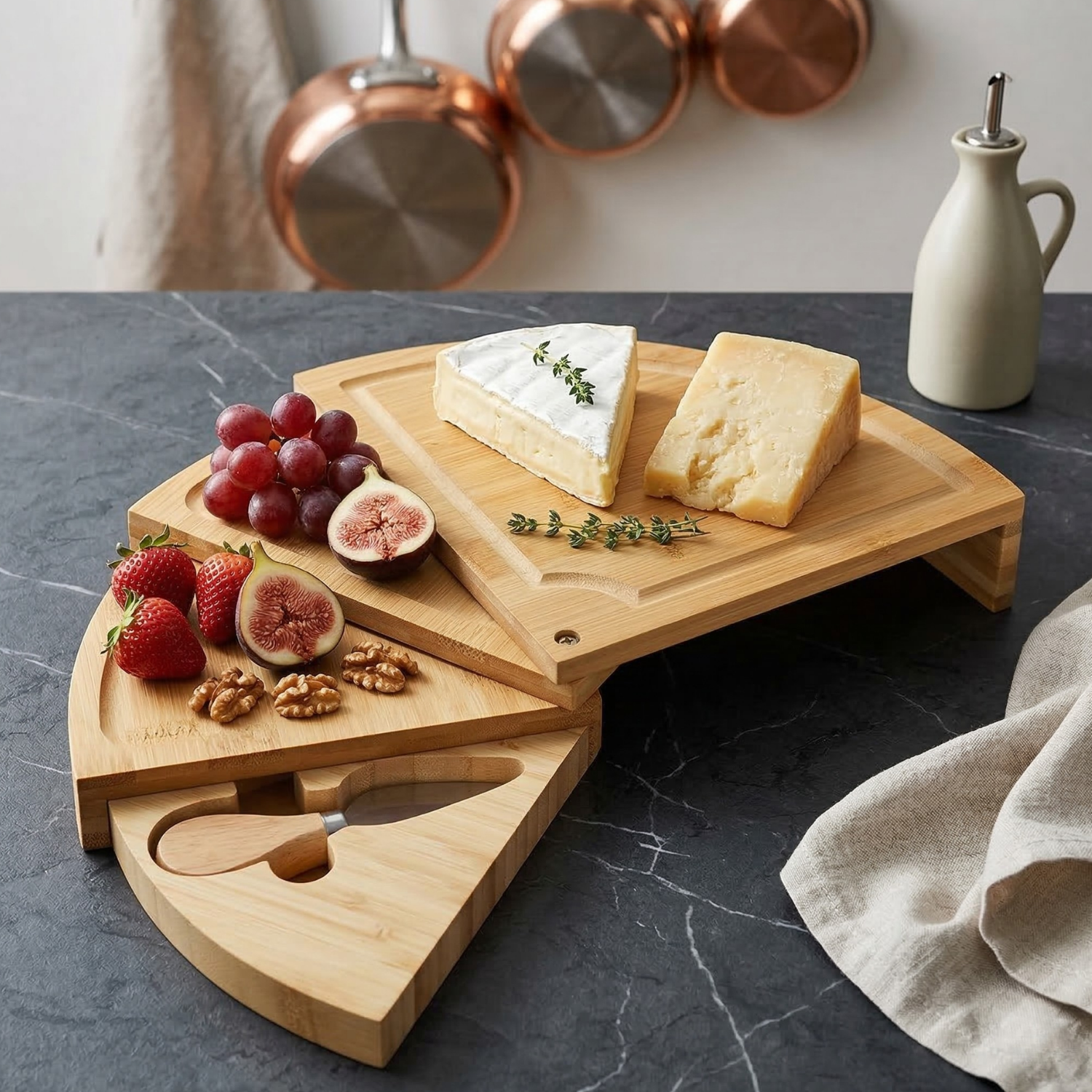 Expandable Bamboo Cheese Board Set | Foldout Triangular Charcuterie Platter with Knife | Eco-Friendly Serving Board for Parties