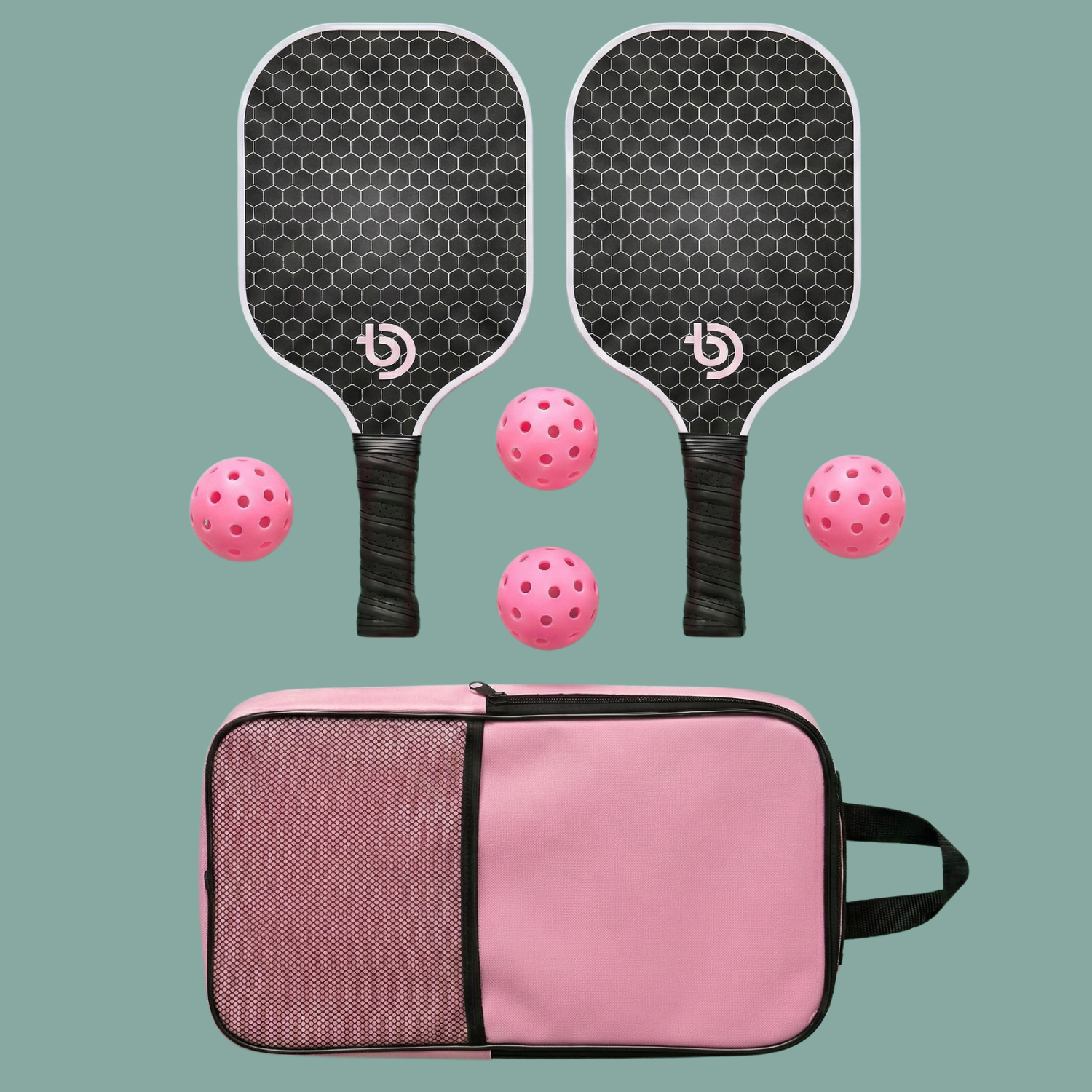Fiberglass Pickleball Paddle Set – 2 Honeycomb Core Paddles, 4 Outdoor Balls & Pink Carrying Bag