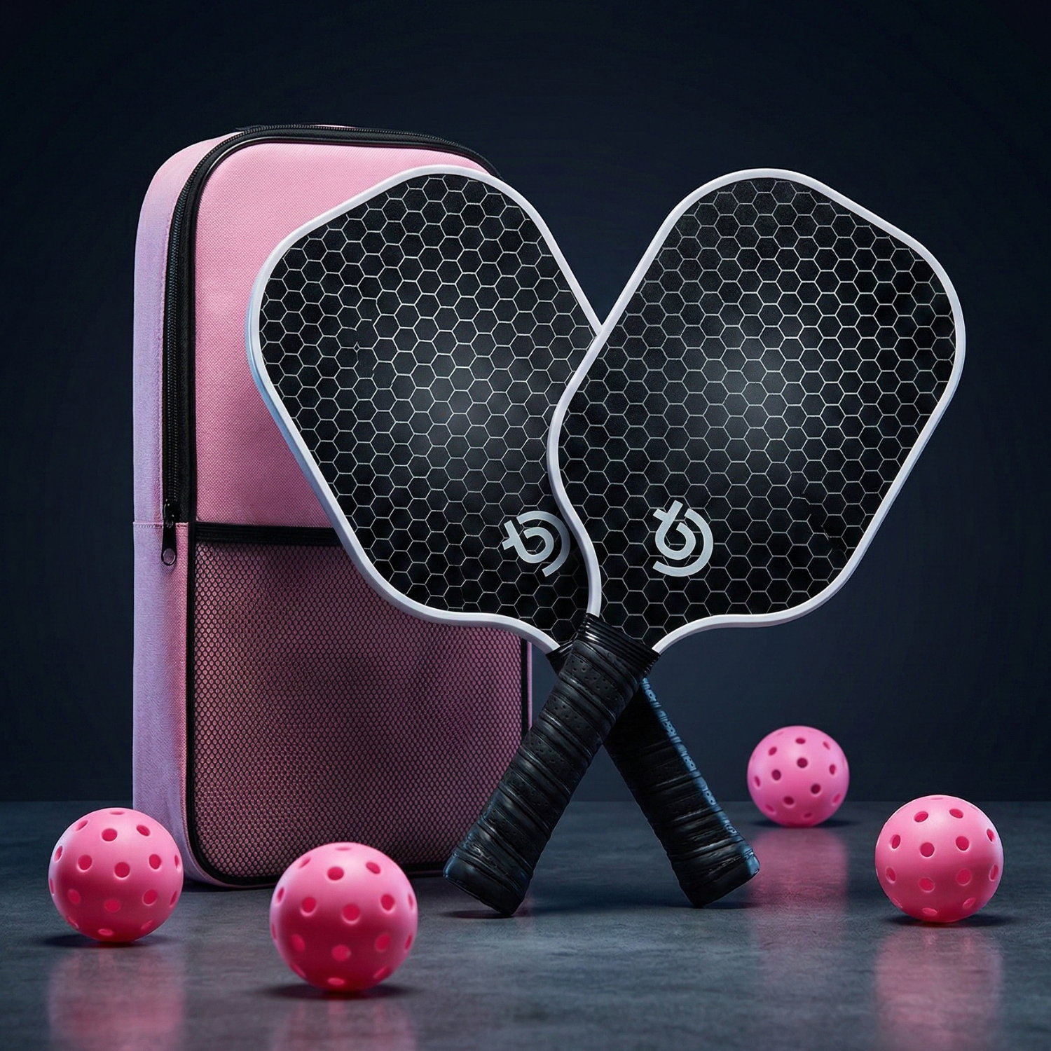 Fiberglass Pickleball Paddle Set – 2 Honeycomb Core Paddles, 4 Outdoor Balls & Pink Carrying Bag