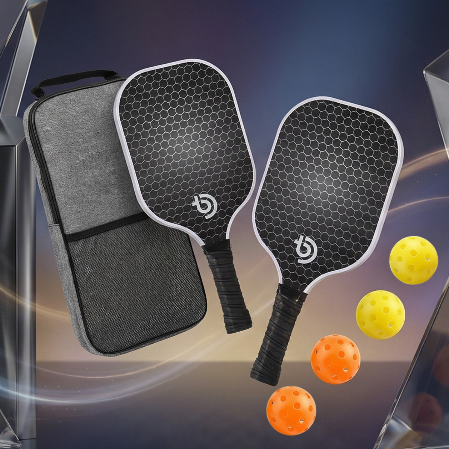 Fiberglass Pickleball Paddle Set with Honeycomb Core – 2 Paddles, 4 Balls & Carrying Bag (Blue or Grey)