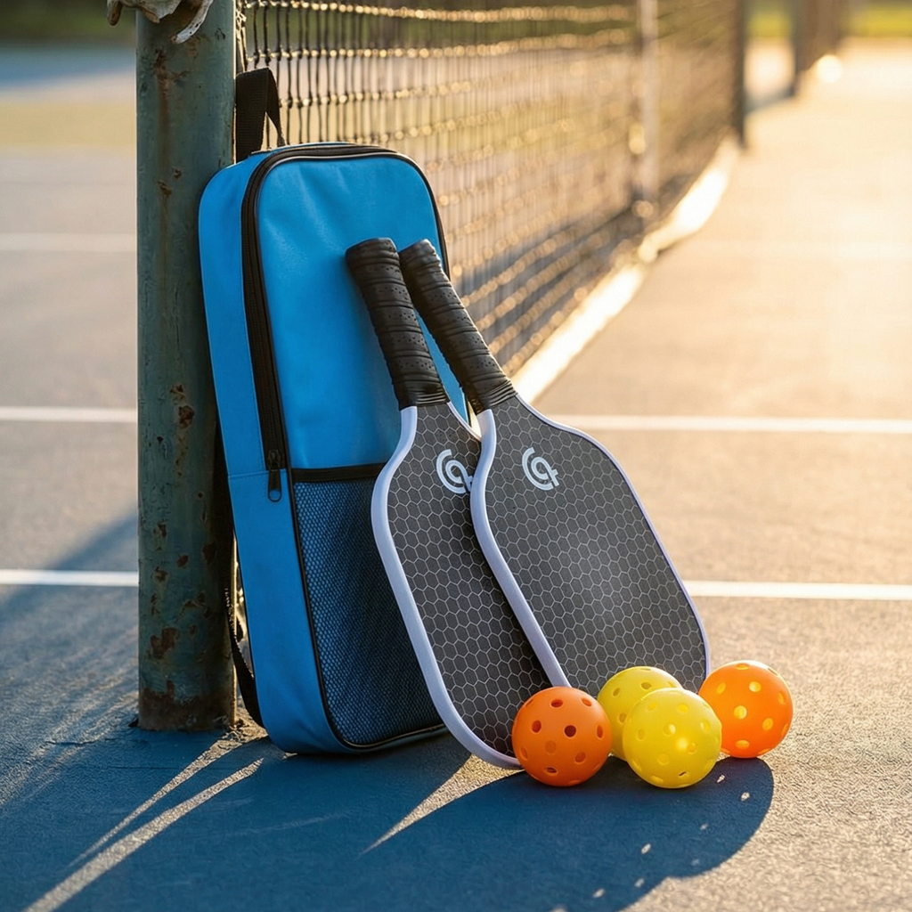 Fiberglass Pickleball Paddle Set with Honeycomb Core – 2 Paddles, 4 Balls & Carrying Bag (Blue or Grey)