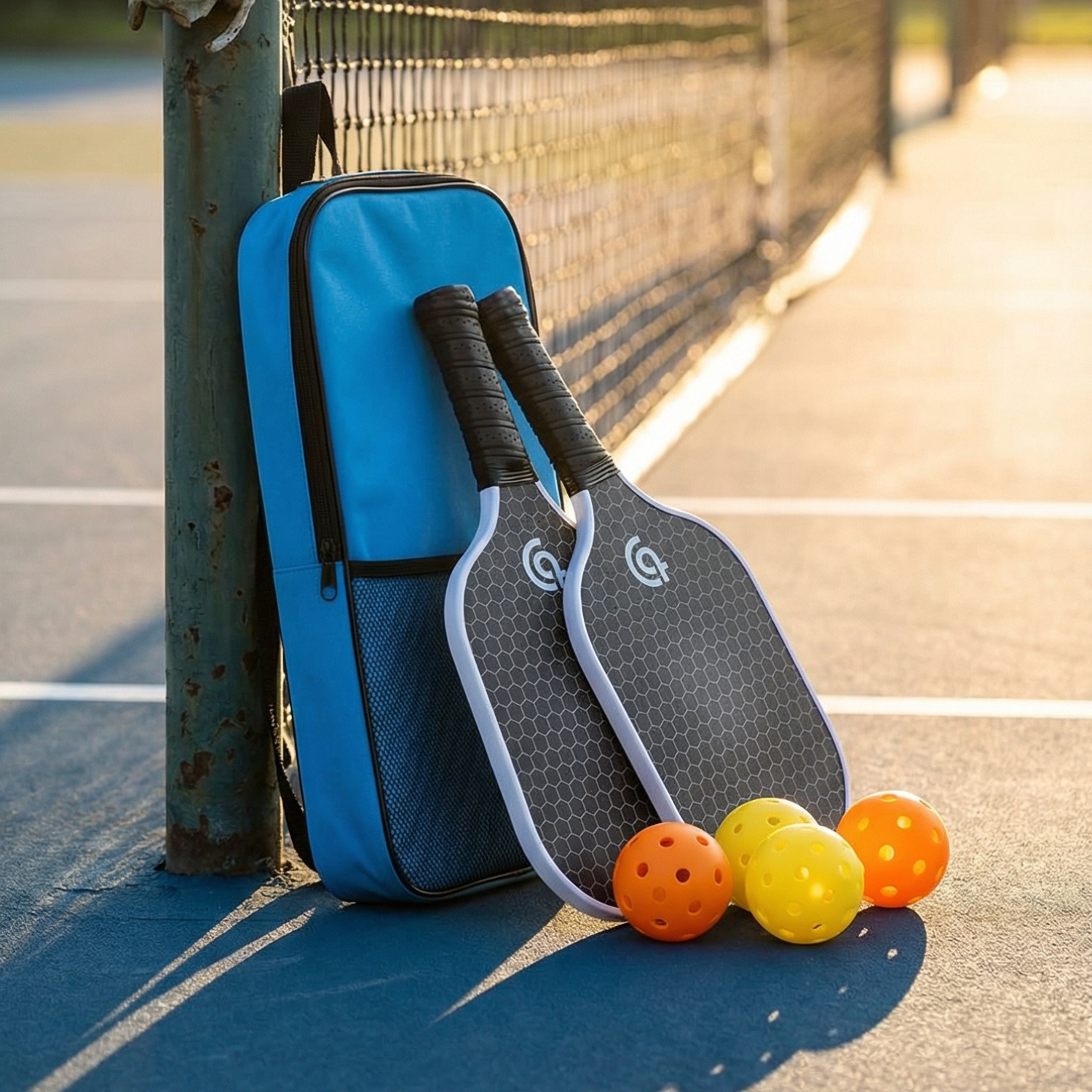 Fiberglass Pickleball Paddle Set with Honeycomb Core – 2 Paddles, 4 Balls & Carrying Bag (Blue or Grey)