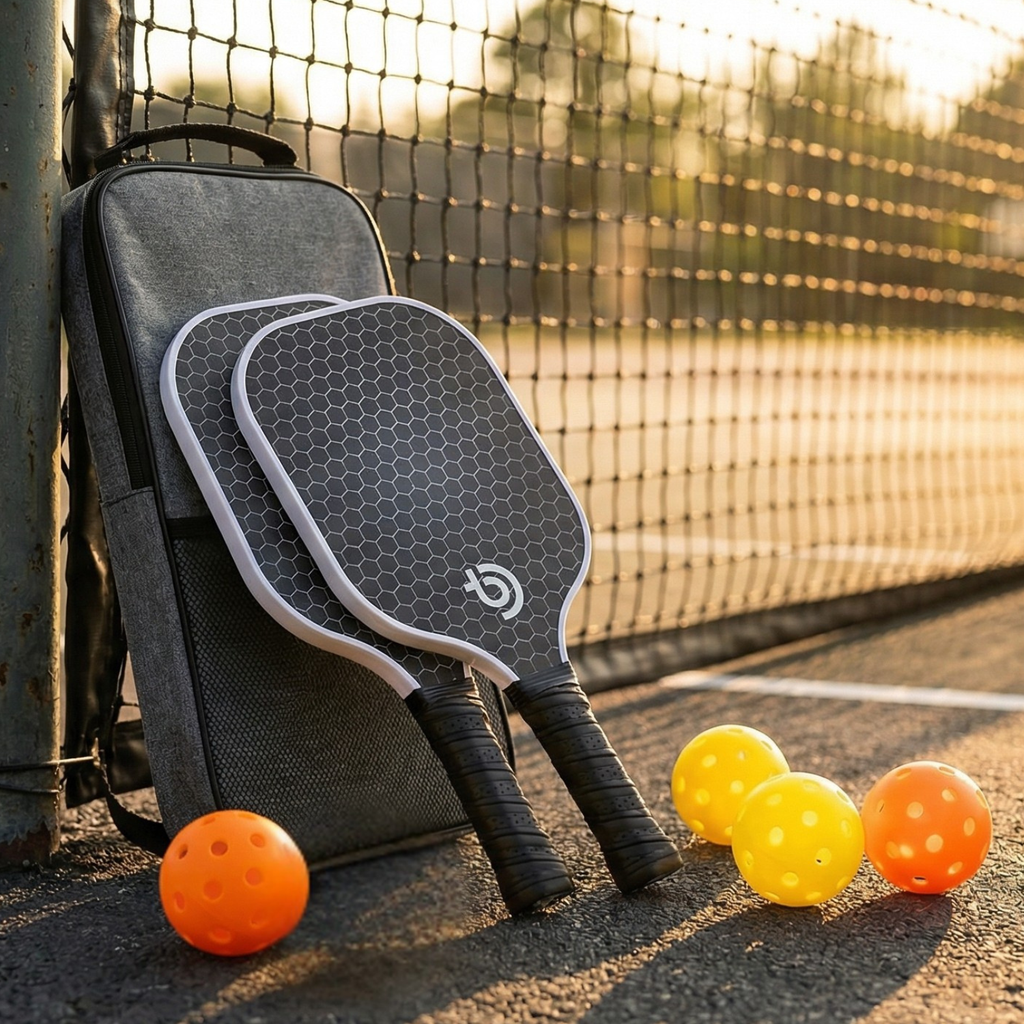 Fiberglass Pickleball Paddle Set with Honeycomb Core – 2 Paddles, 4 Balls & Carrying Bag (Blue or Grey)