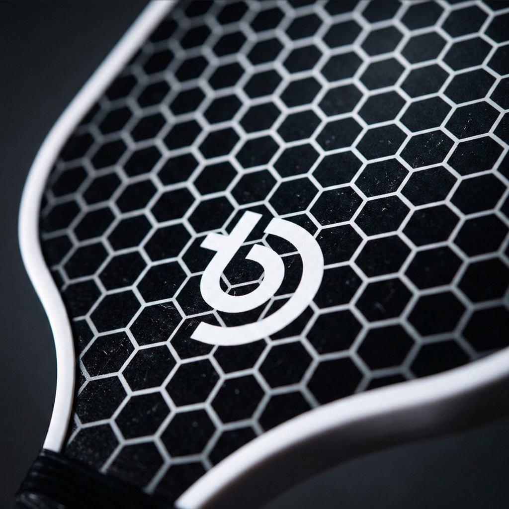 Close-up of a paddle with a honeycomb pattern and a logo on a dark background