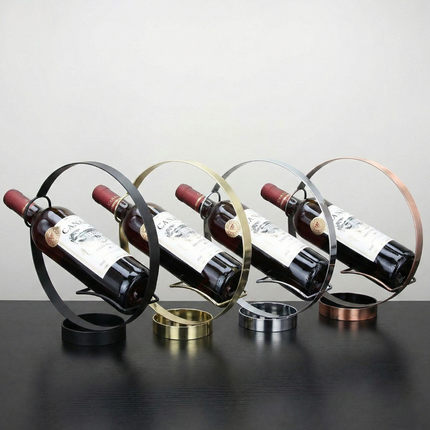 Floating Circle Wine Bottle Holder Stand – Modern Metal Single Bottle Display (Black, Gold, Silver, Bronze)