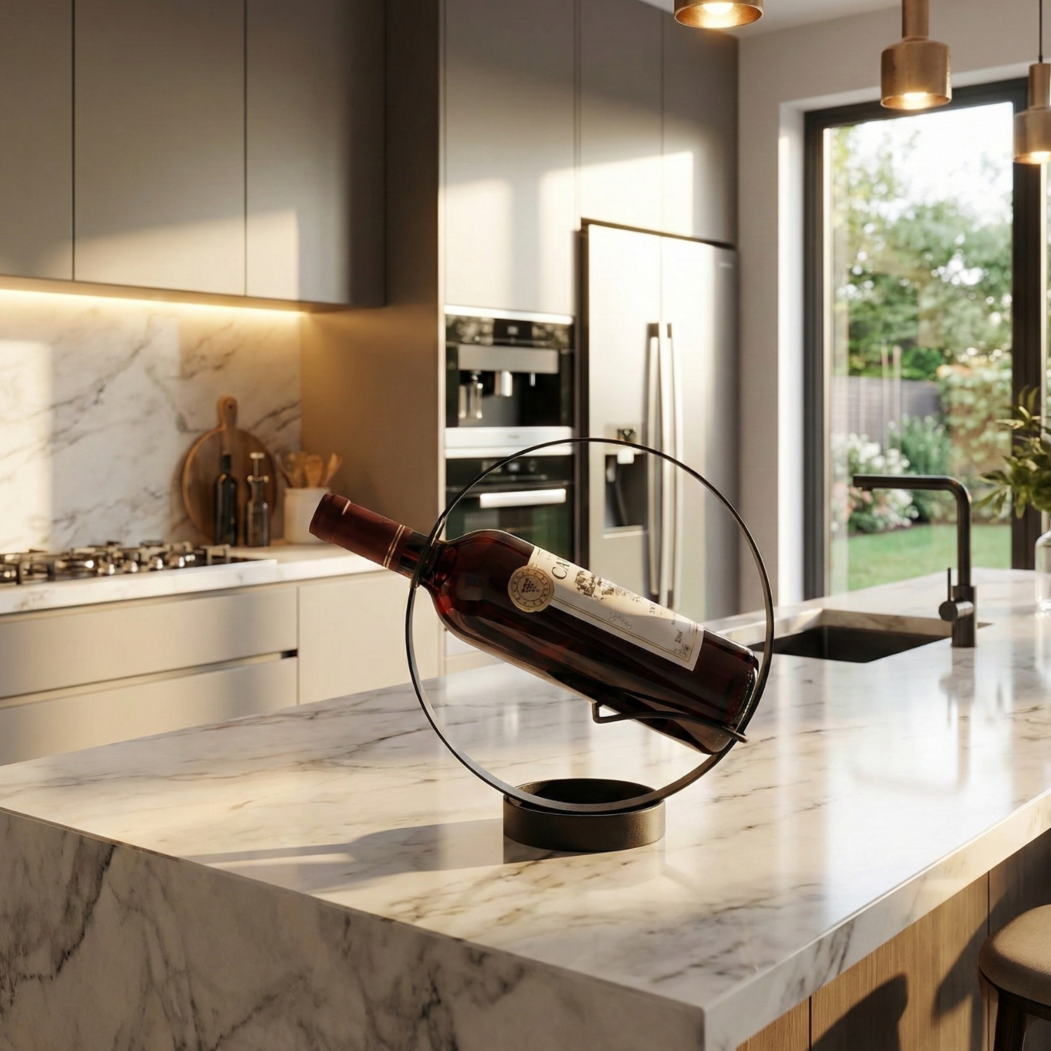 Floating Circle Wine Bottle Holder Stand – Modern Metal Single Bottle Display (Black, Gold, Silver, Bronze)