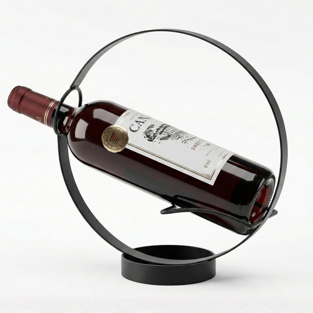 Black floating-circle single wine bottle holder stand with curved metal ring
