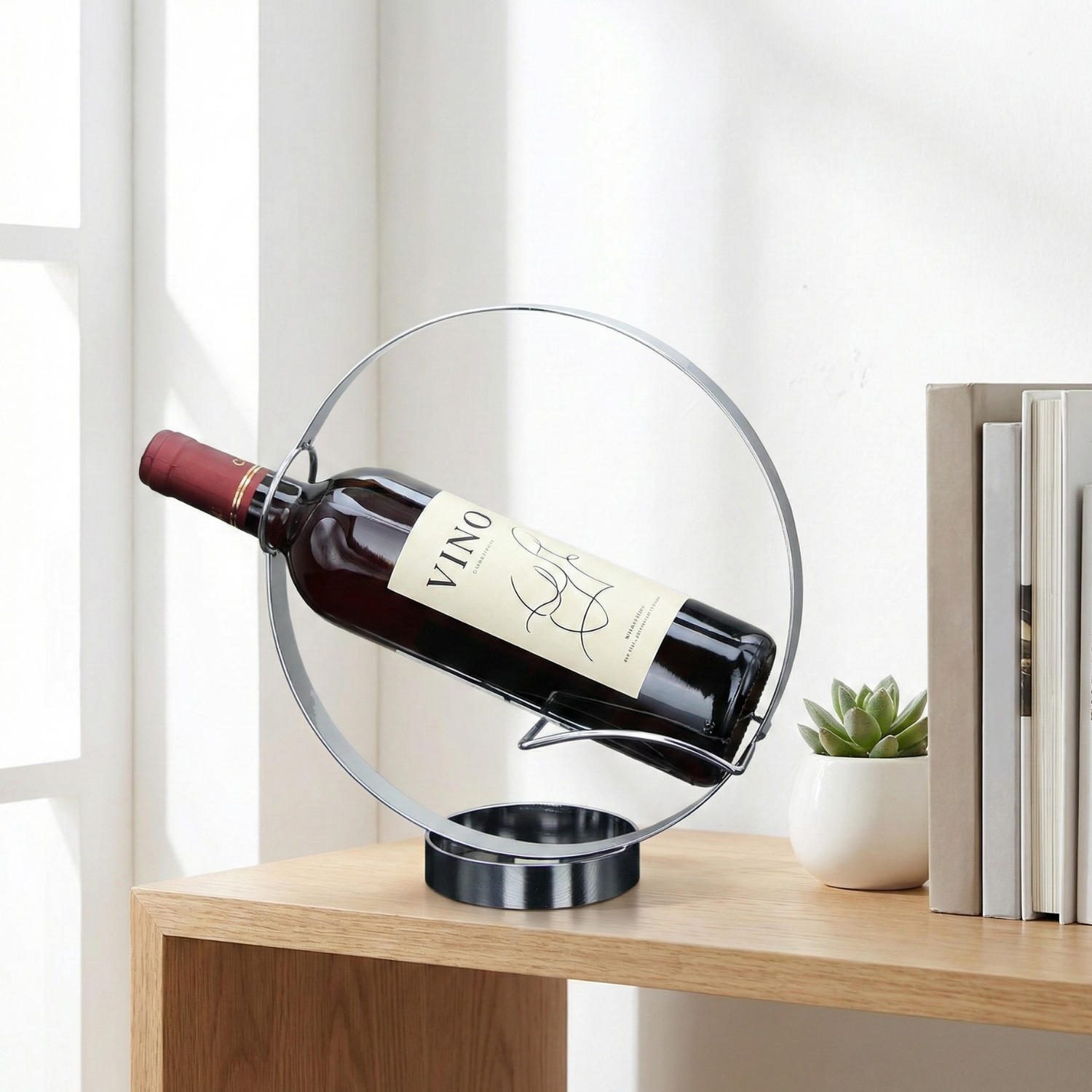 Floating Circle Wine Bottle Holder Stand – Modern Metal Single Bottle Display (Black, Gold, Silver, Bronze)