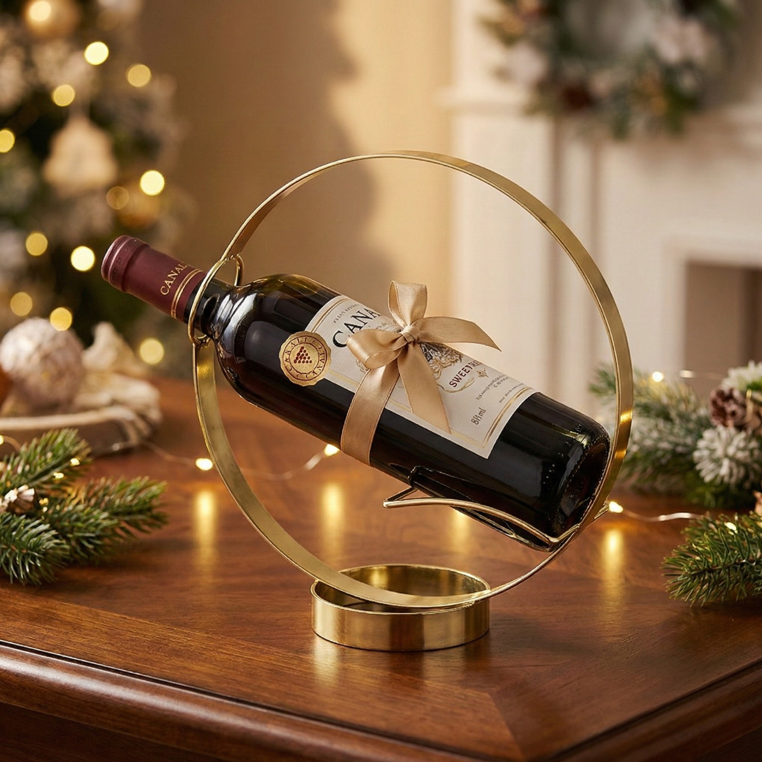 Floating Circle Wine Bottle Holder Stand – Modern Metal Single Bottle Display (Black, Gold, Silver, Bronze)
