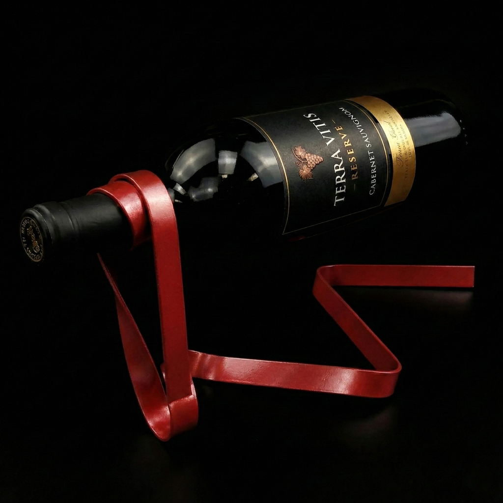 Floating wine bottle holder with red ribbon straps for a wine bottle and gold cap