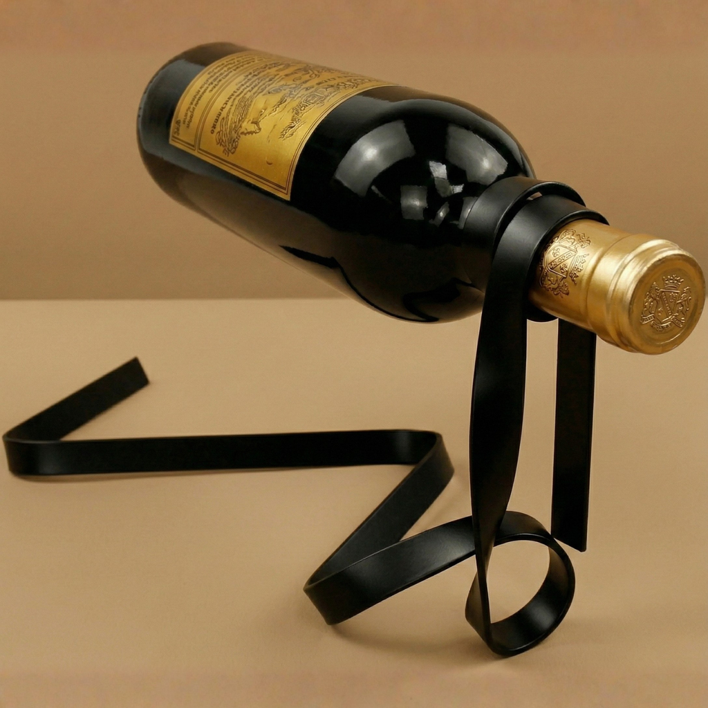 Floating wine bottle holder with black ribbon and gold neck ring for wine bottle