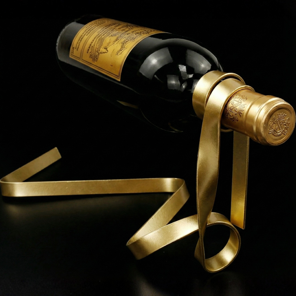 Floating wine bottle holder with gold ribbon straps and wine bottle neck ring